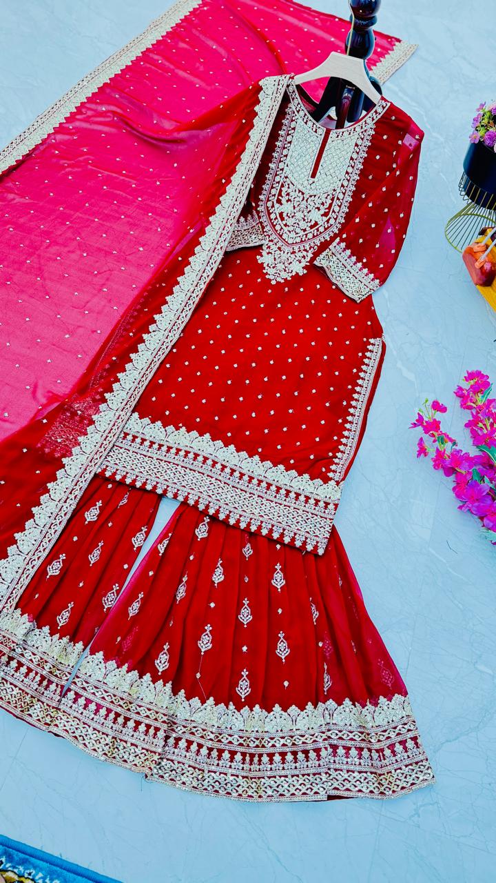 Designer Embroidery WIth Sequence Work Red Sharara Suit