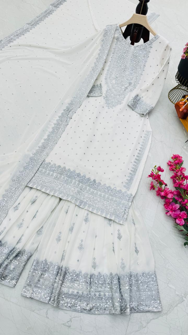 Designer Embroidery WIth Sequence Work White Sharara Suit