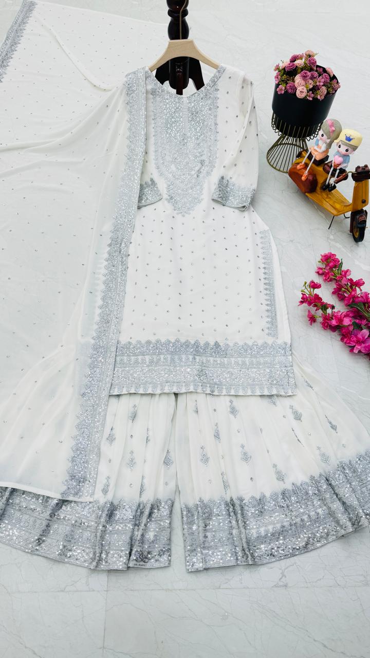 Designer Embroidery WIth Sequence Work White Sharara Suit