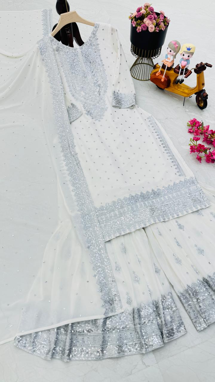 Designer Embroidery WIth Sequence Work White Sharara Suit