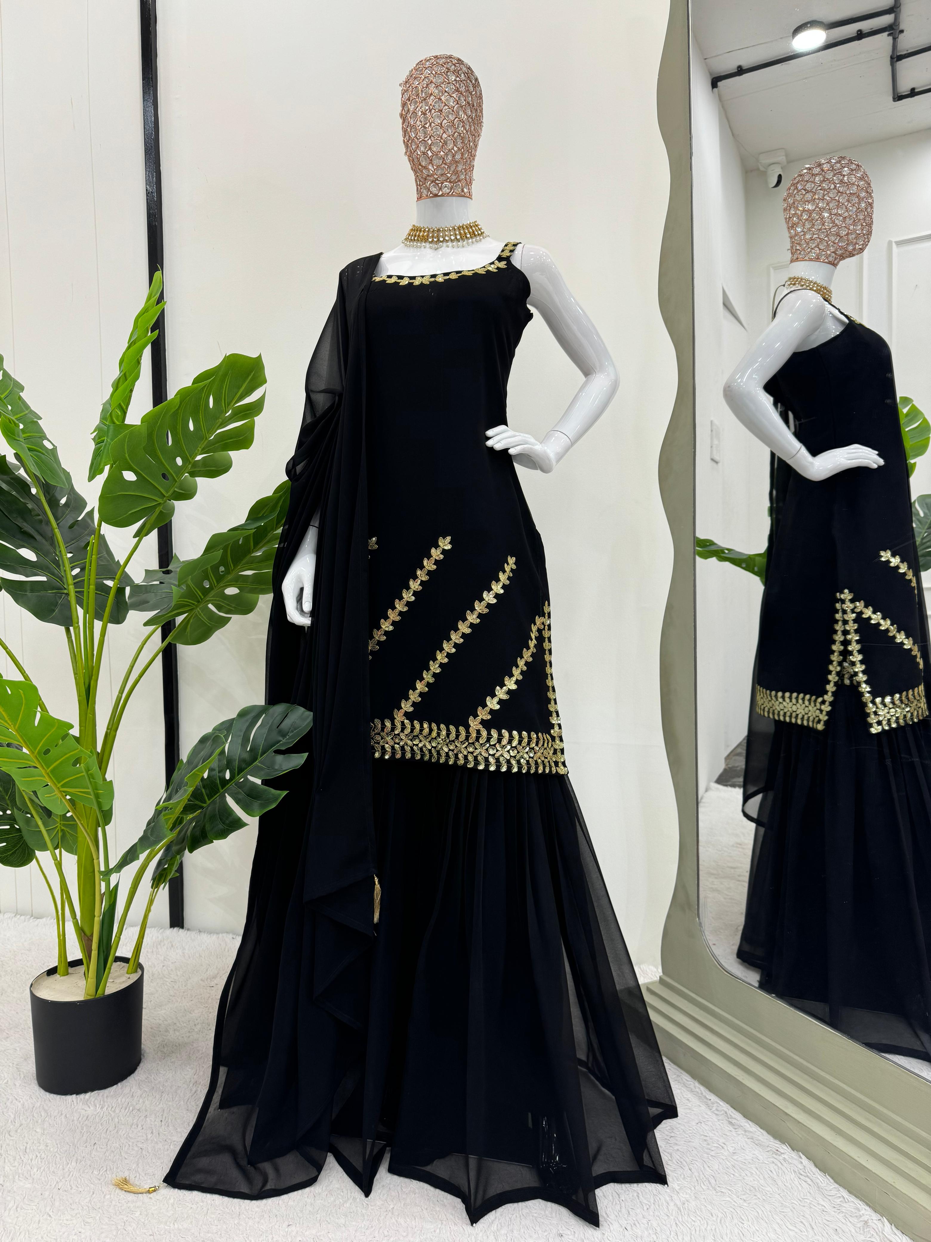 Fantastic Black Color Full Stitched Sharara Suit