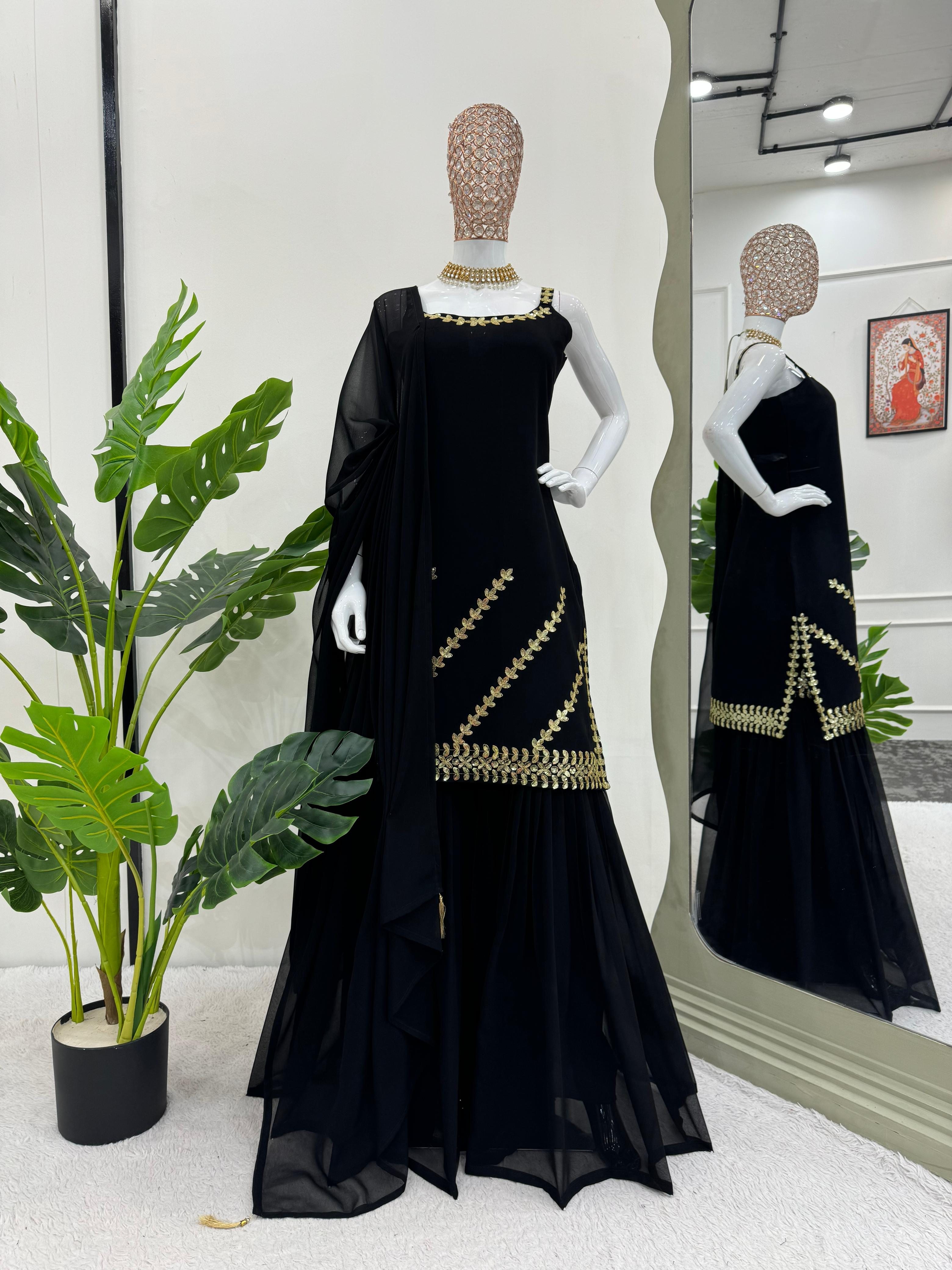 Fantastic Black Color Full Stitched Sharara Suit