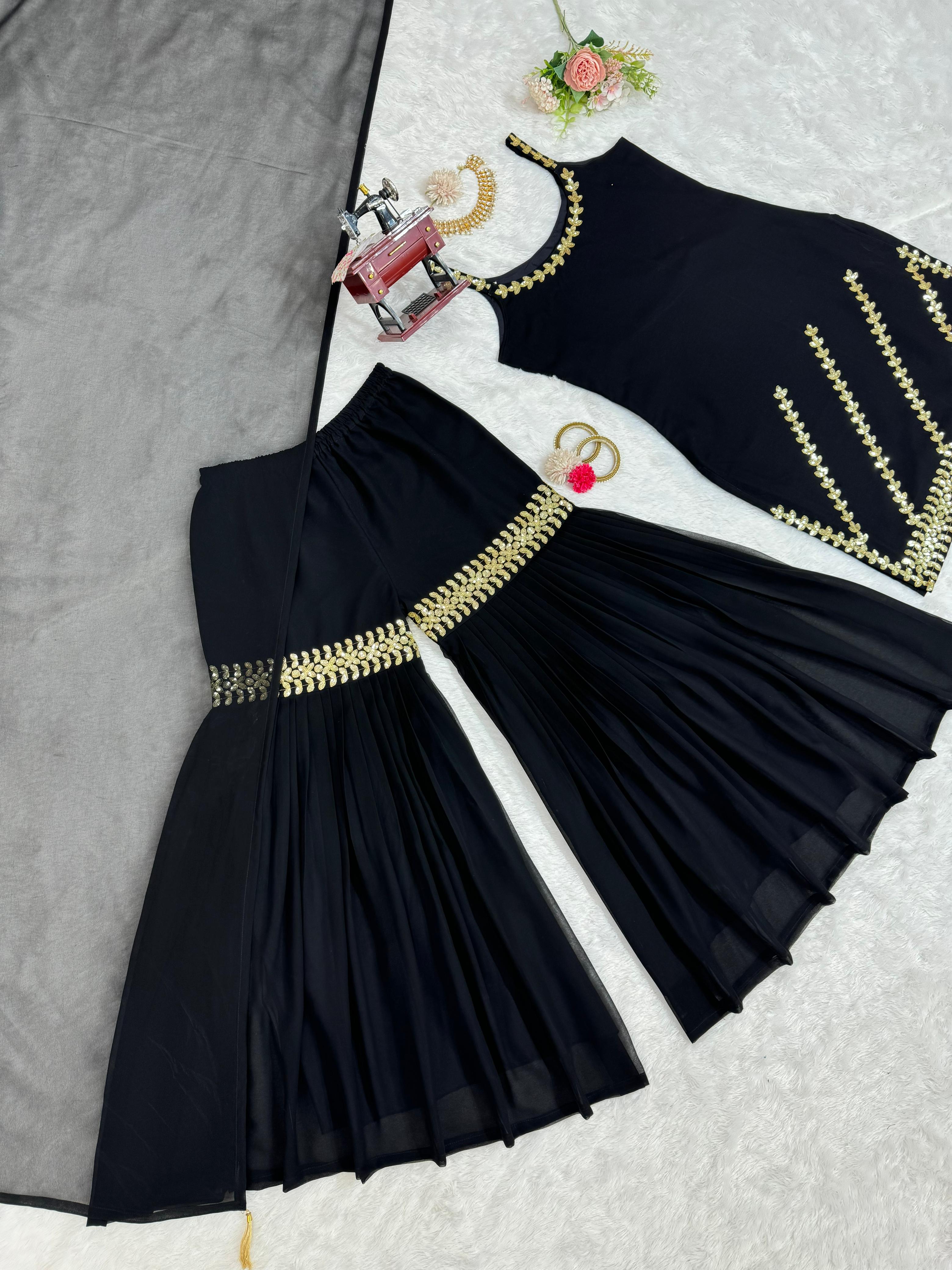 Fantastic Black Color Full Stitched Sharara Suit