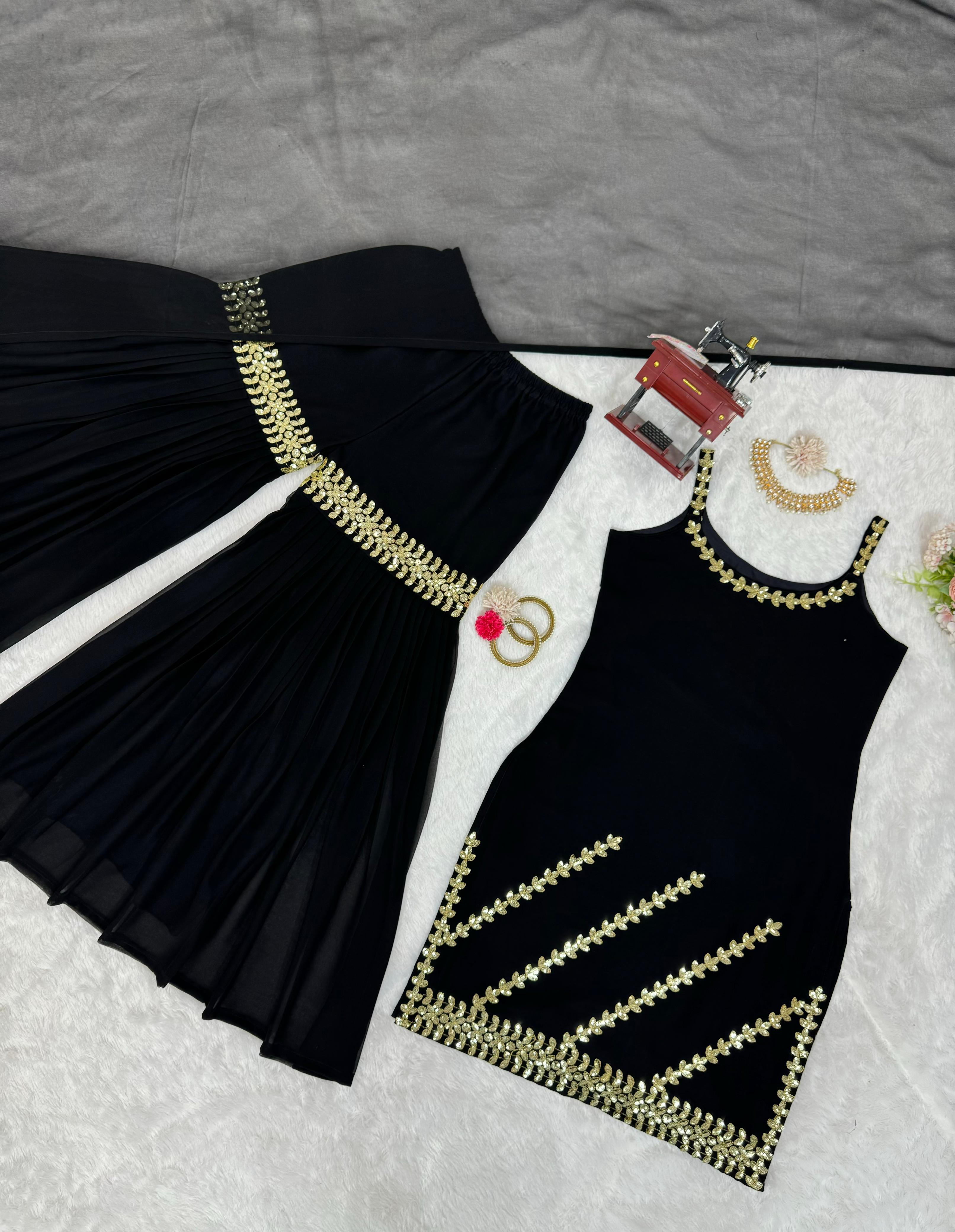 Fantastic Black Color Full Stitched Sharara Suit