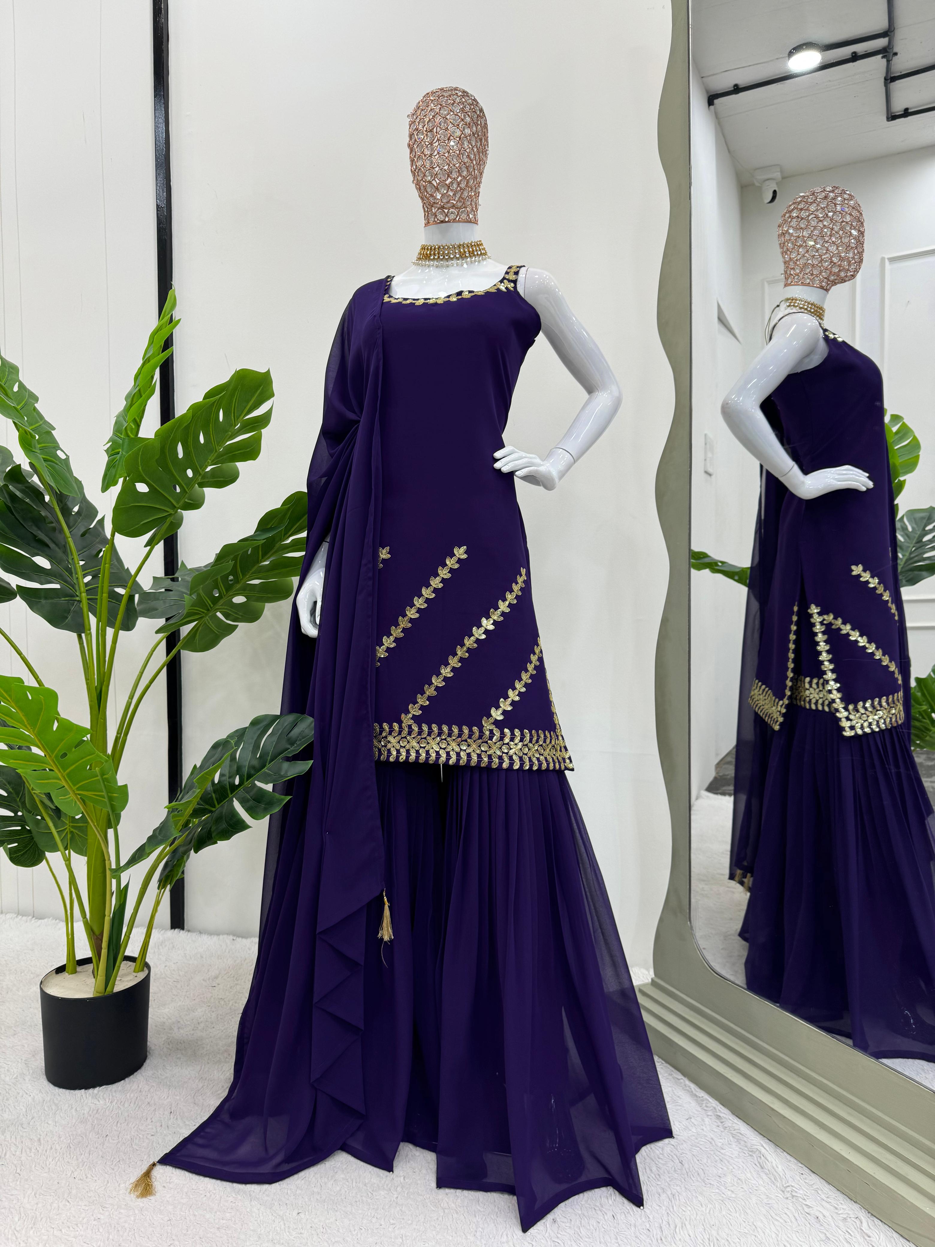 Fantastic Purple Color Full Stitched Sharara Suit