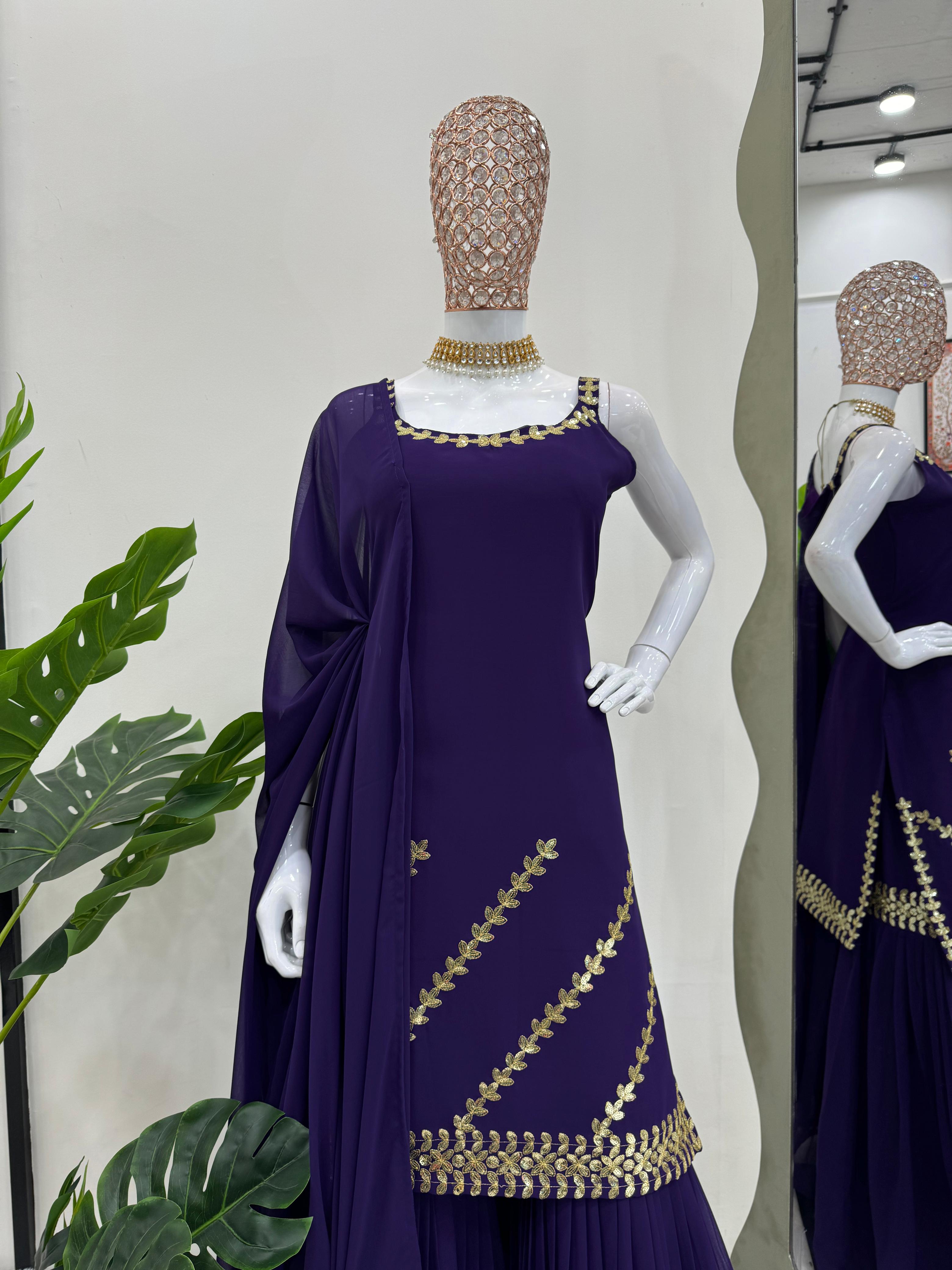 Fantastic Purple Color Full Stitched Sharara Suit