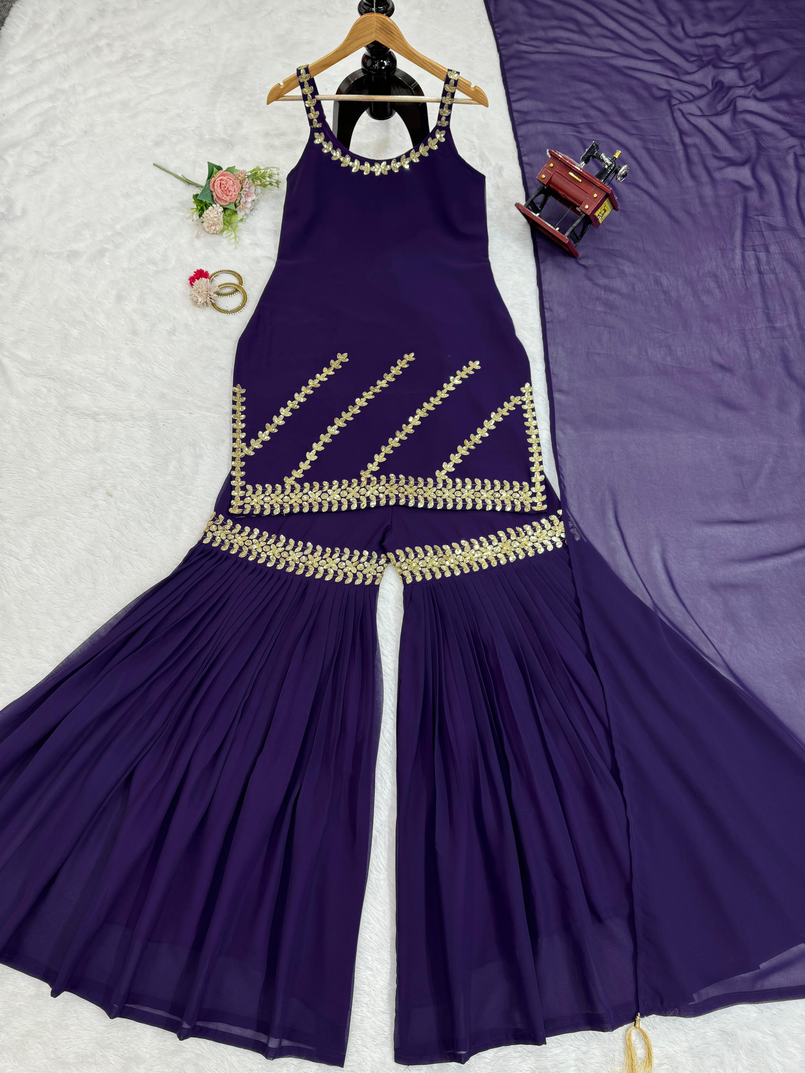 Fantastic Purple Color Full Stitched Sharara Suit