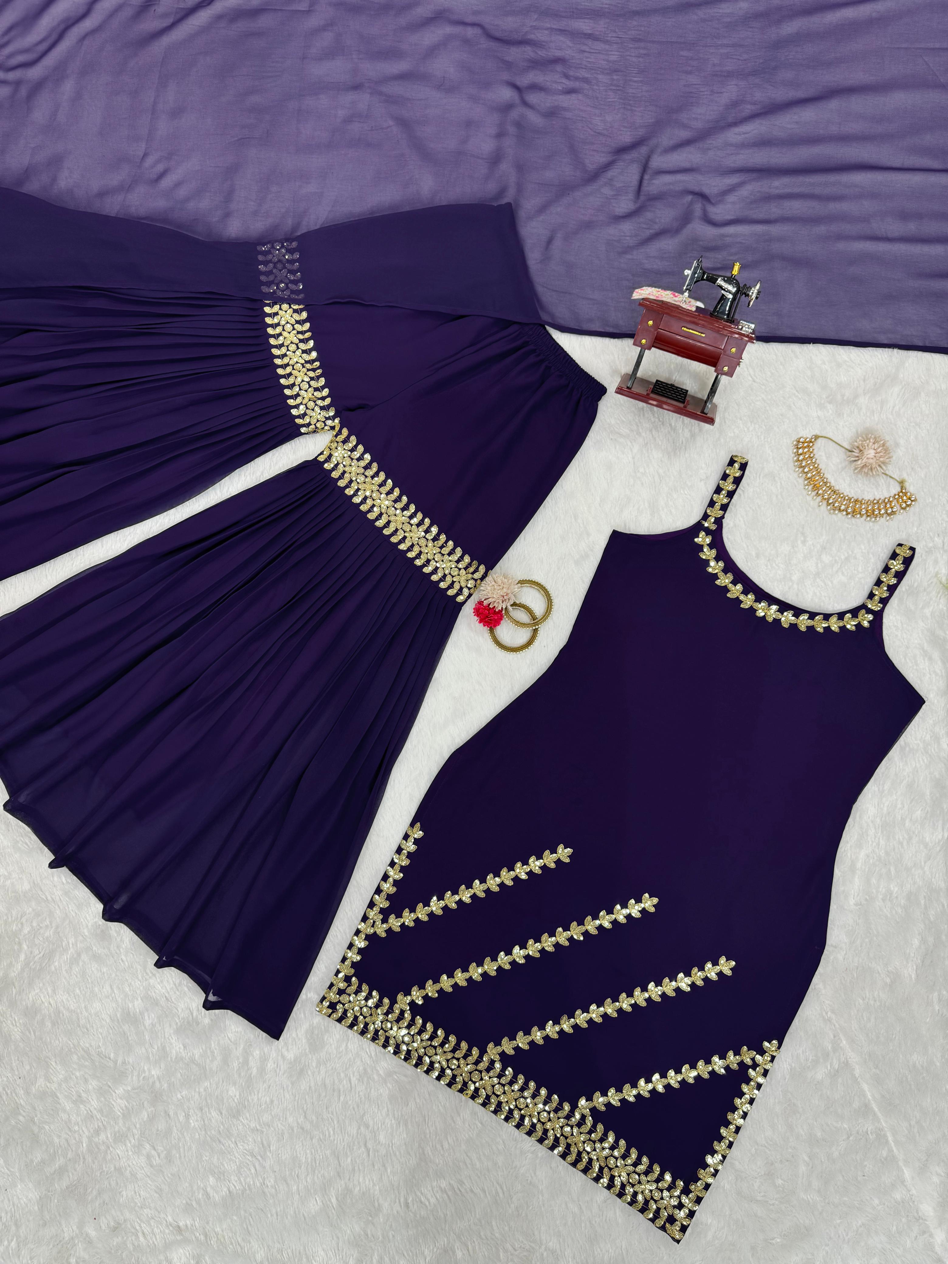 Fantastic Purple Color Full Stitched Sharara Suit