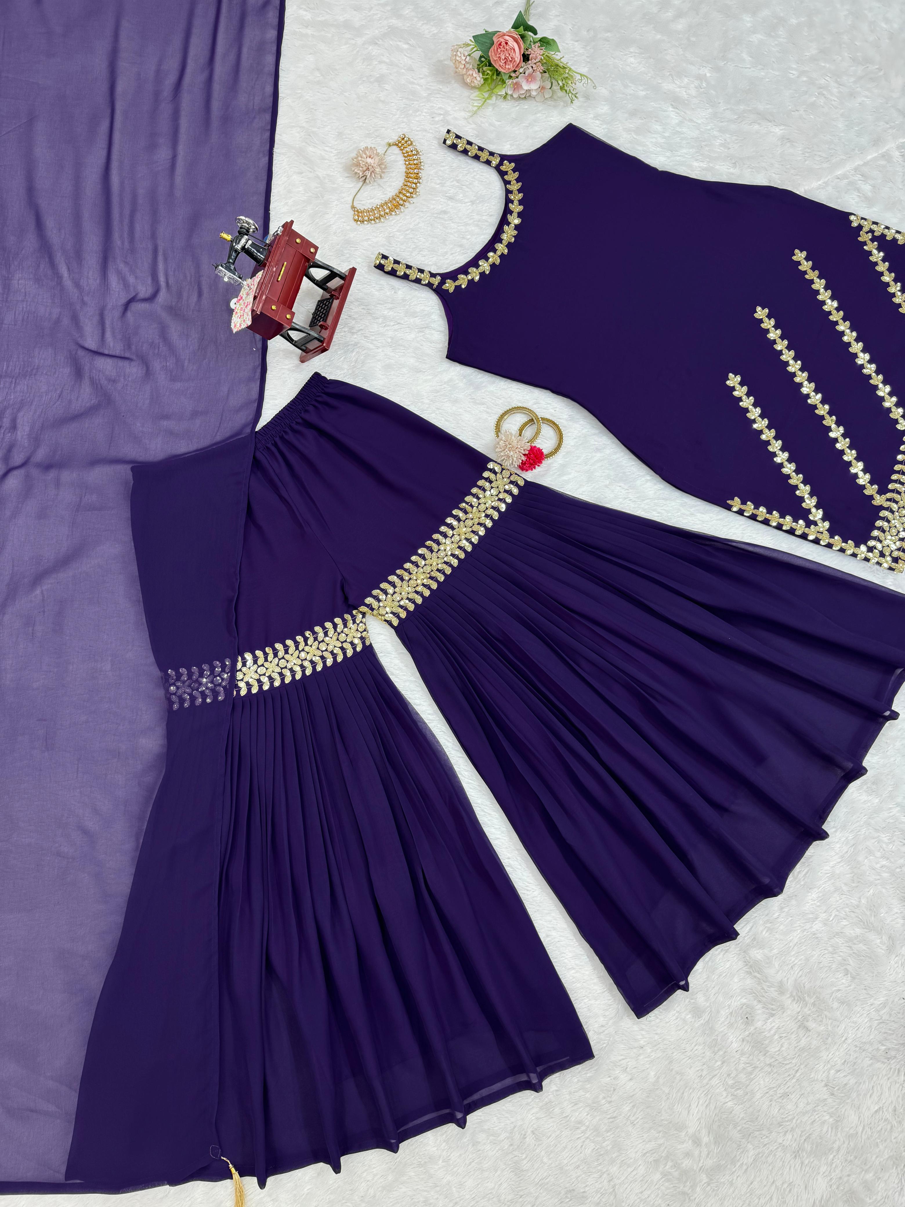 Fantastic Purple Color Full Stitched Sharara Suit