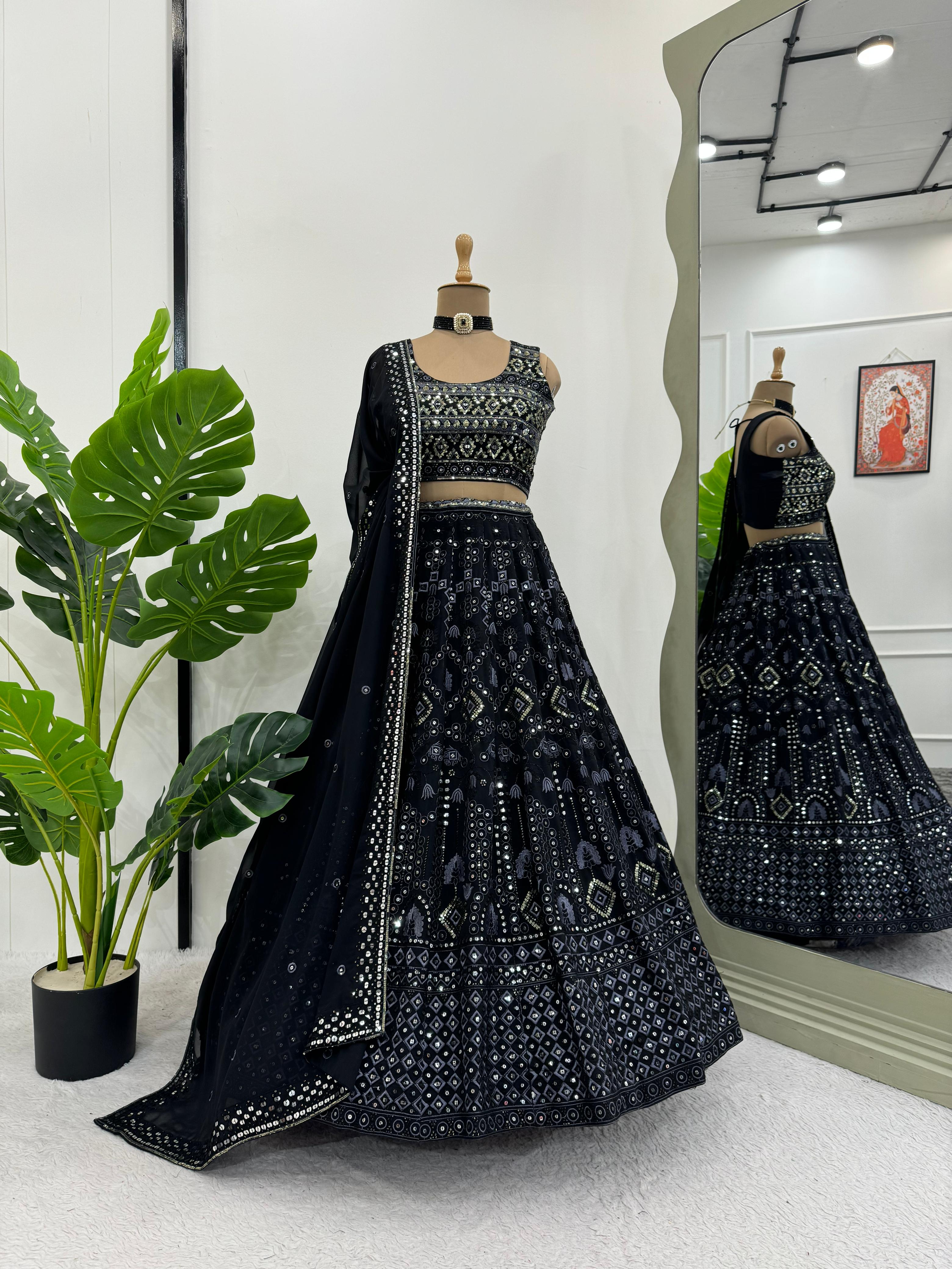 Party Wear Sequence With Thread Work Heavy Black Lehenga Choli