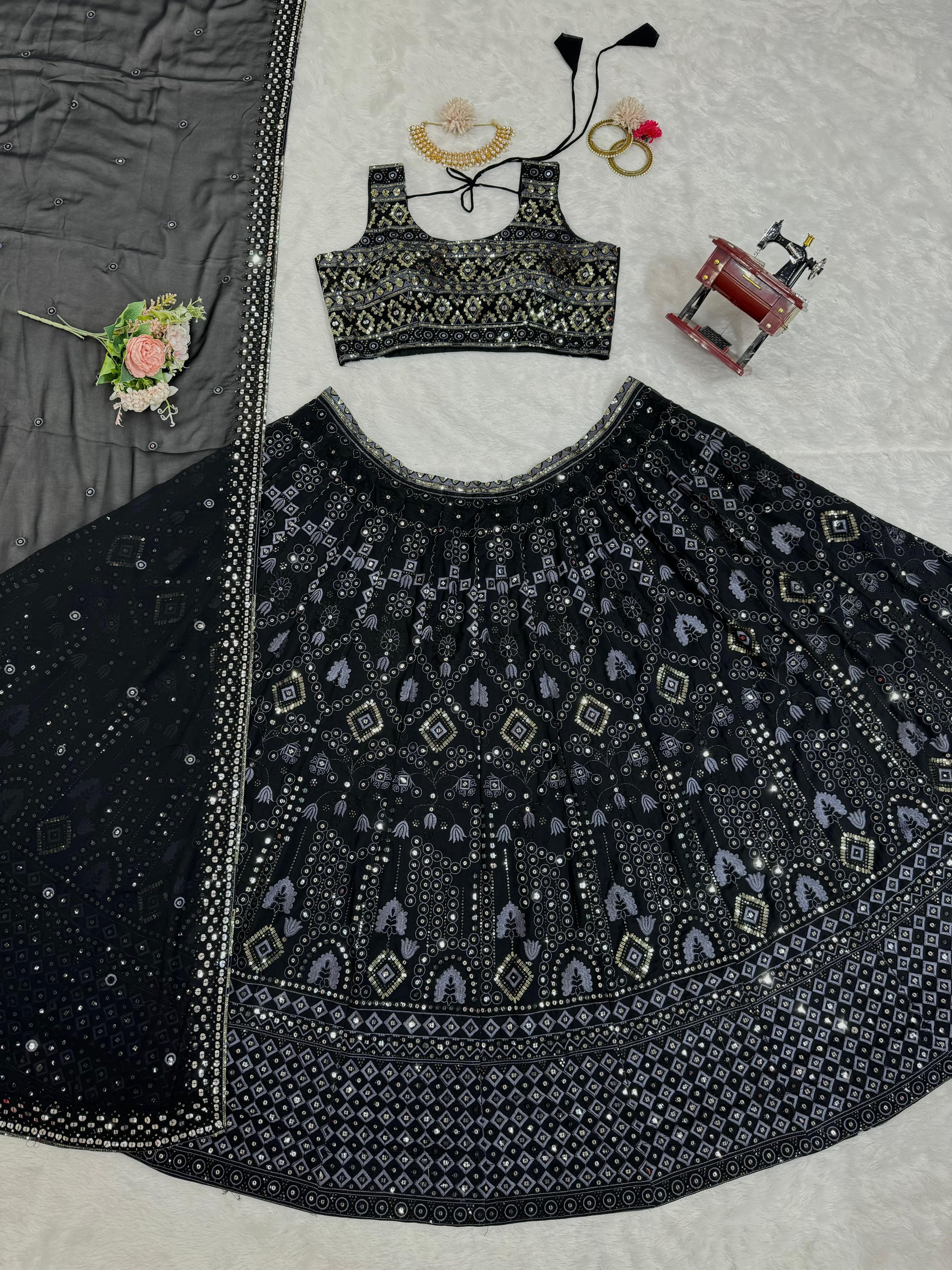 Party Wear Sequence With Thread Work Heavy Black Lehenga Choli