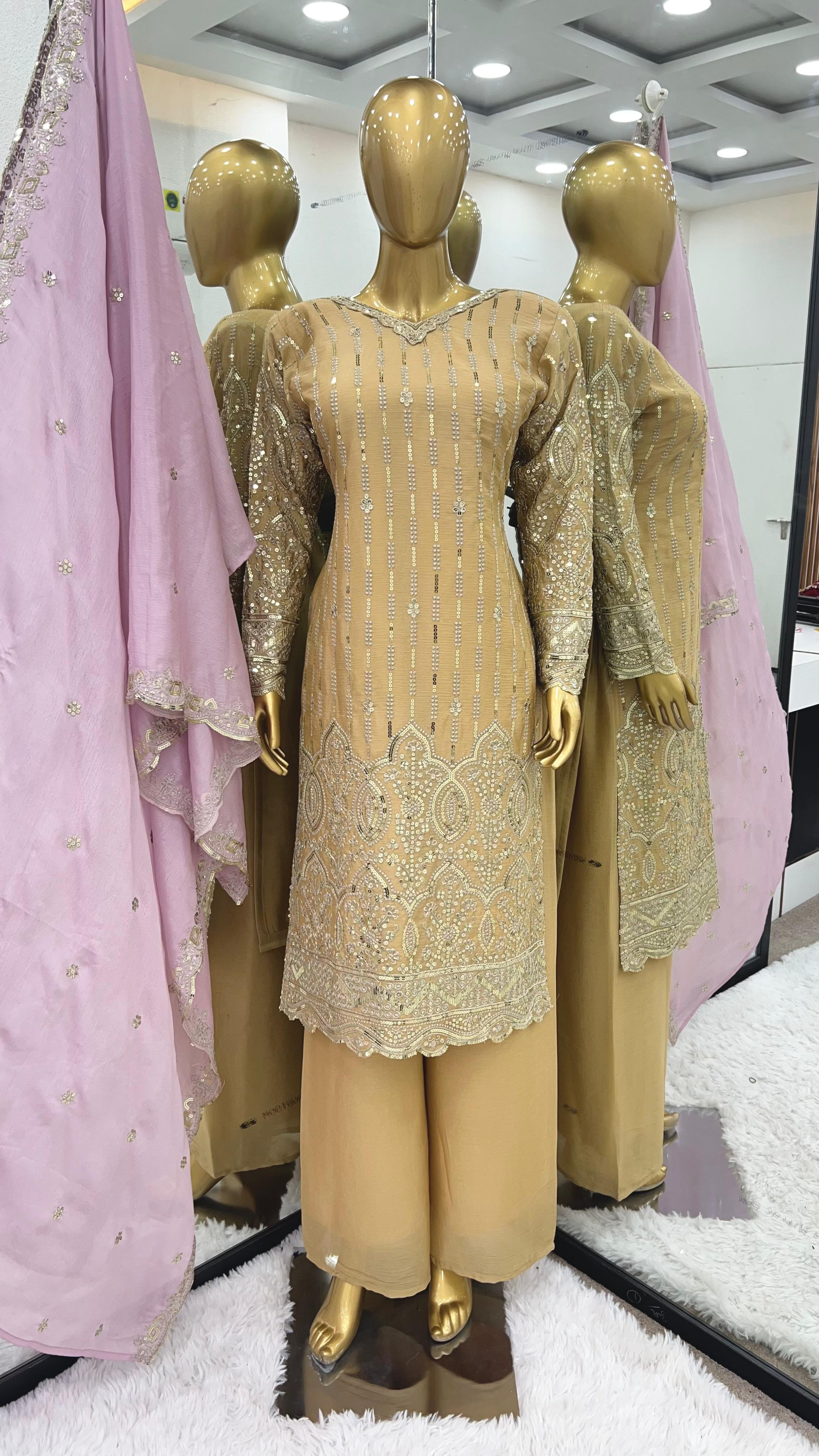 Function Wear Heavy Embroidery Work Beige Color Palazzo Suit