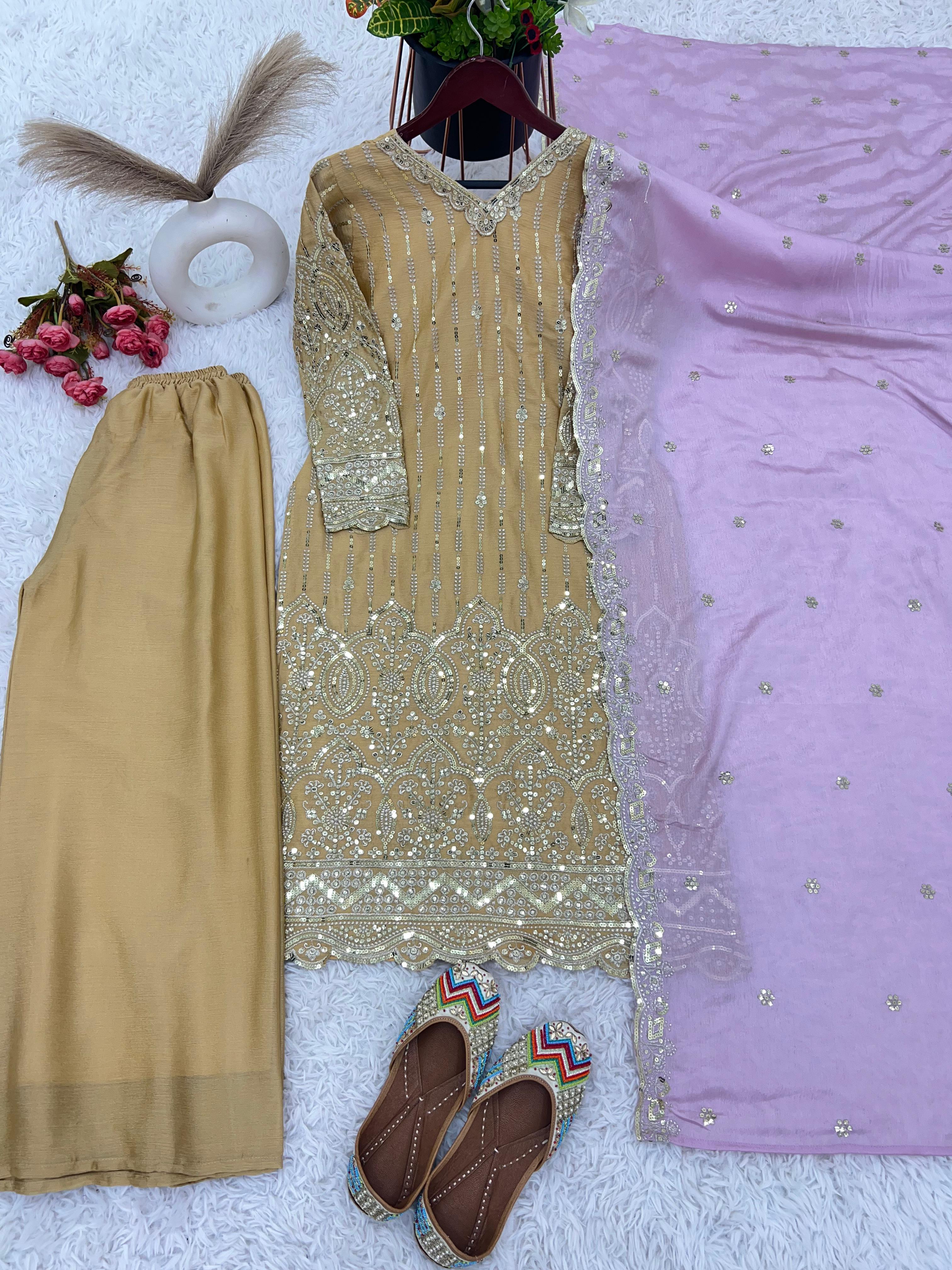 Function Wear Heavy Embroidery Work Beige Color Palazzo Suit