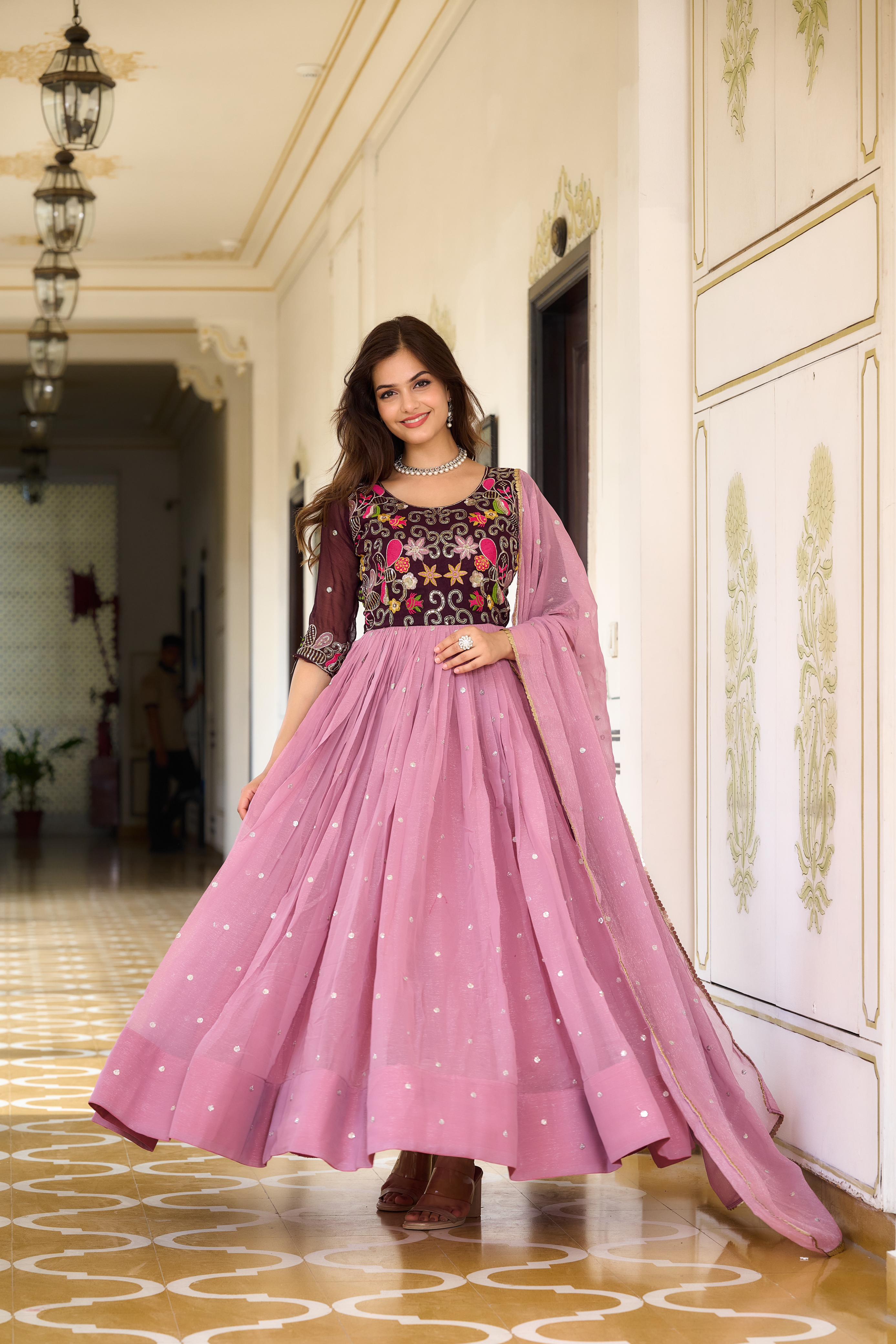 Unique Dusty Pink Color Sequence Embroidery Work Gown