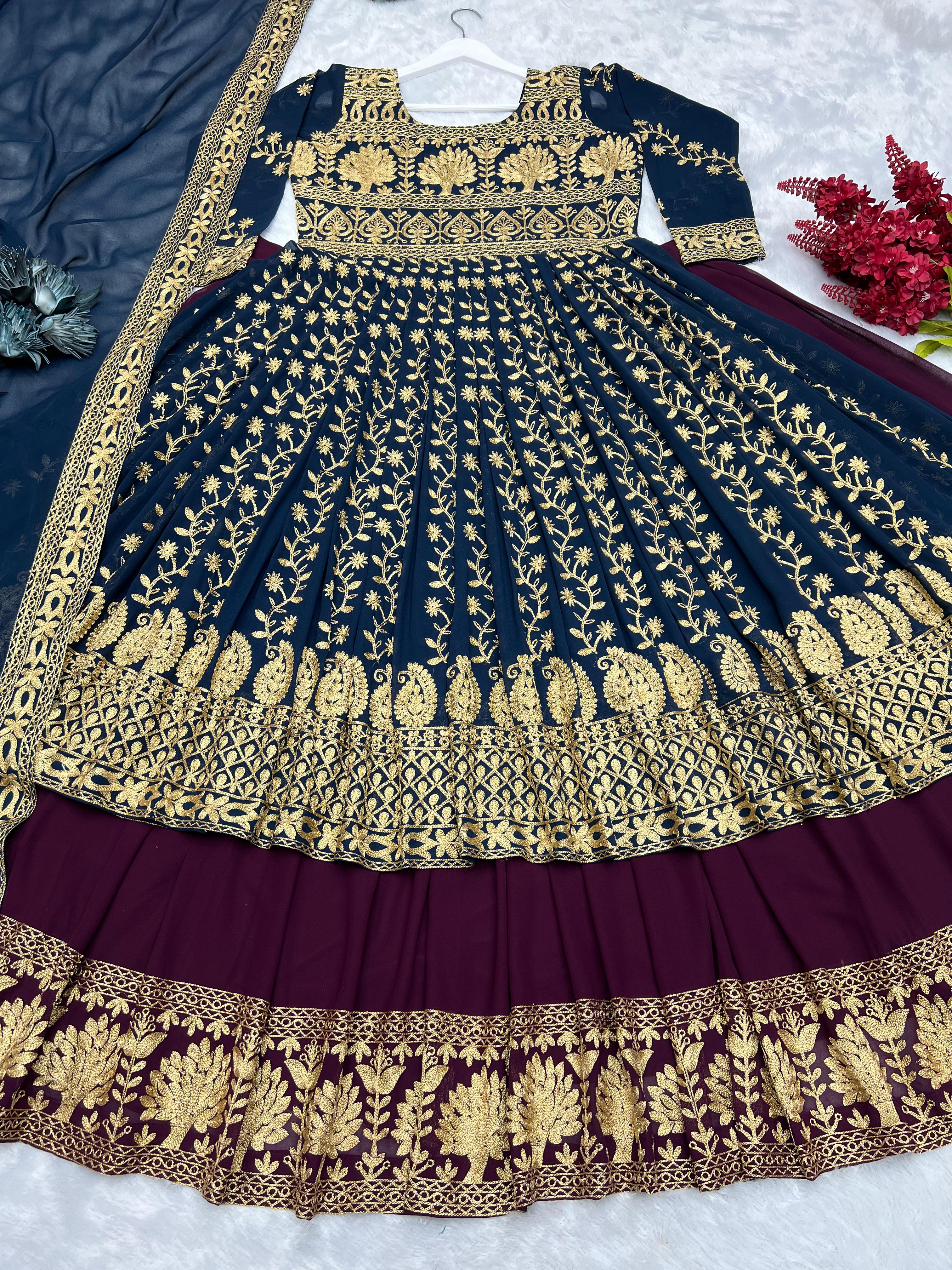 Wonderful Blue With Maroon Color Heavy Work Lehenga With Gown