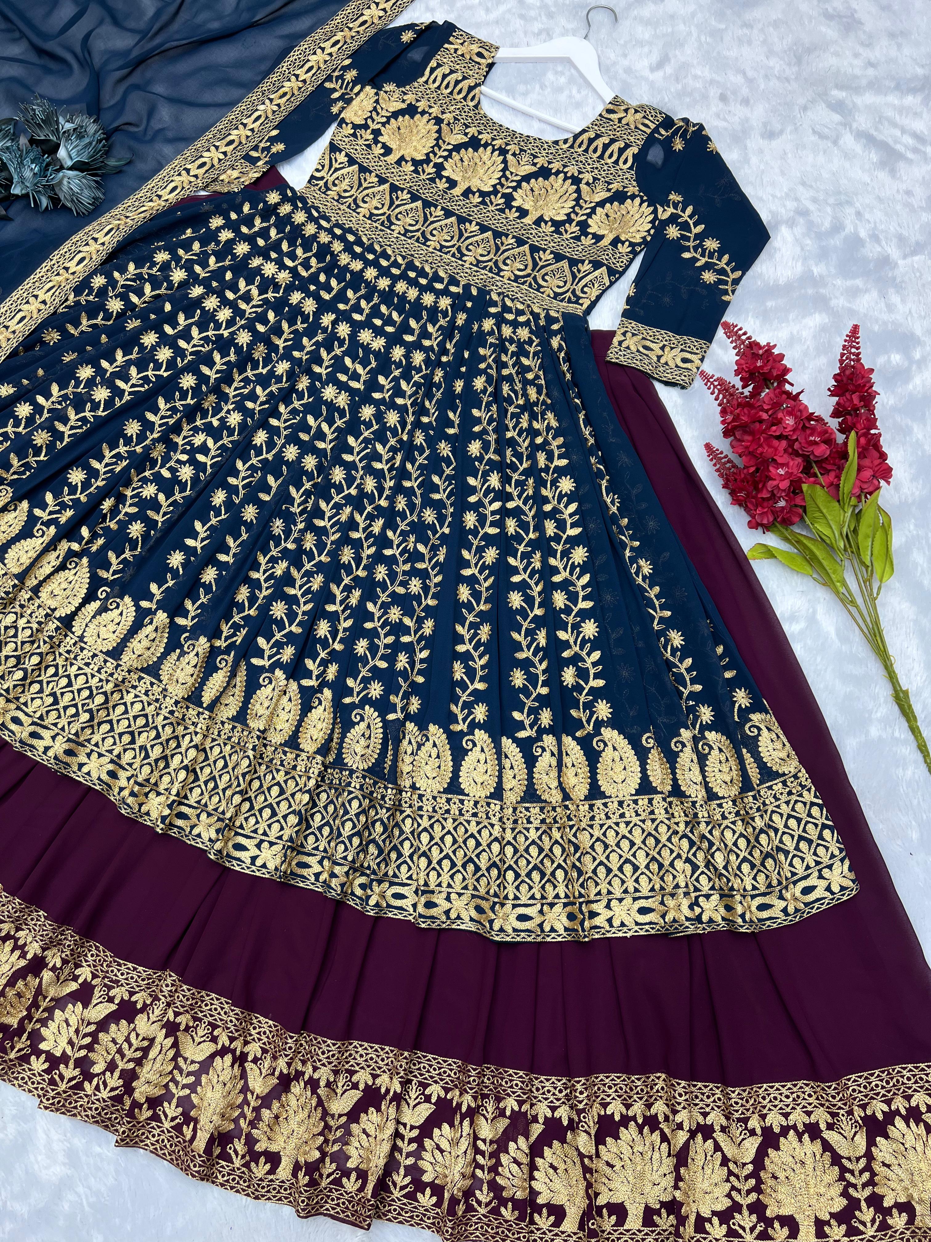 Wonderful Blue With Maroon Color Heavy Work Lehenga With Gown