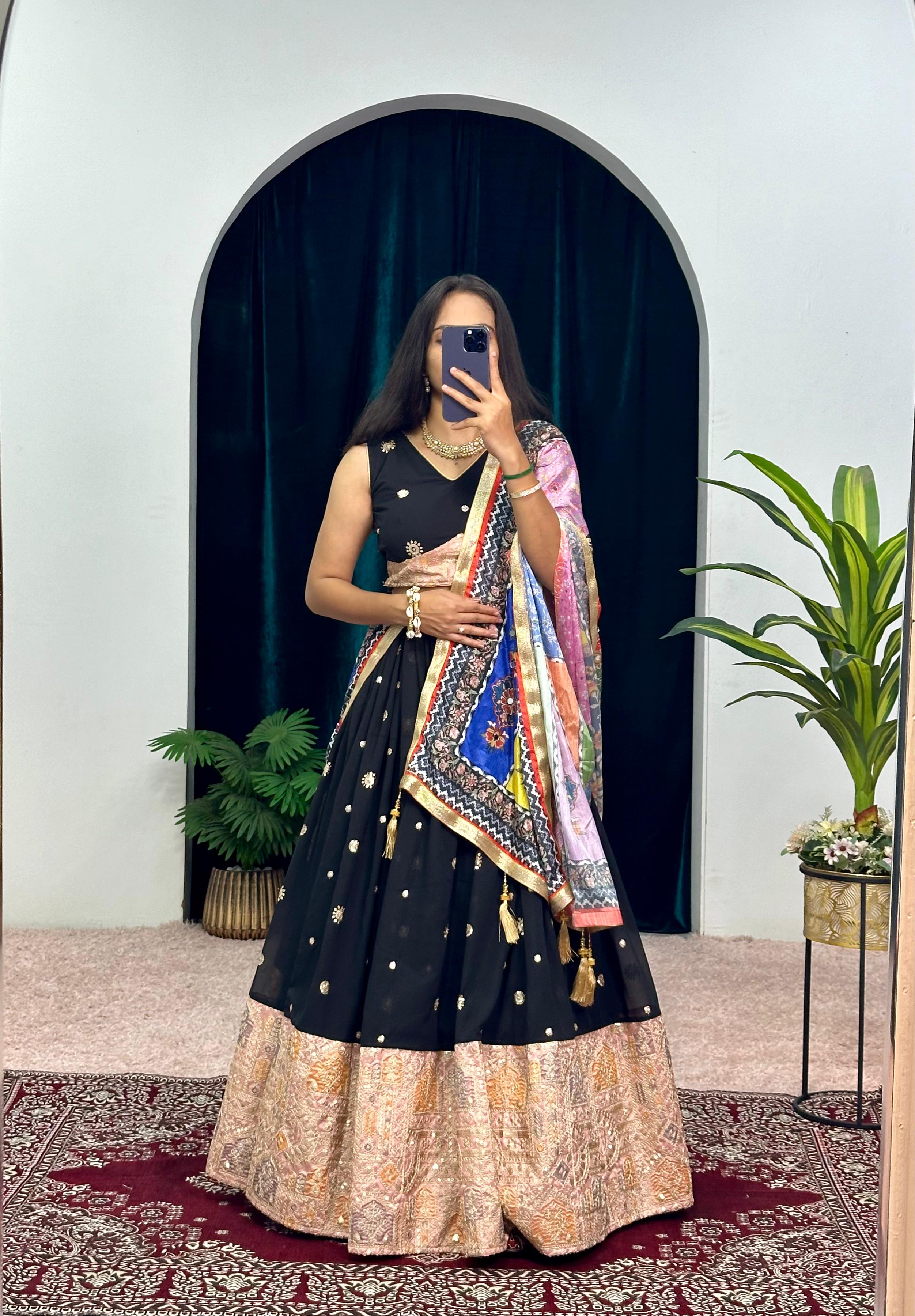 Function Wear Heavy Work Black Lehenga Choli With Multi Dupatta