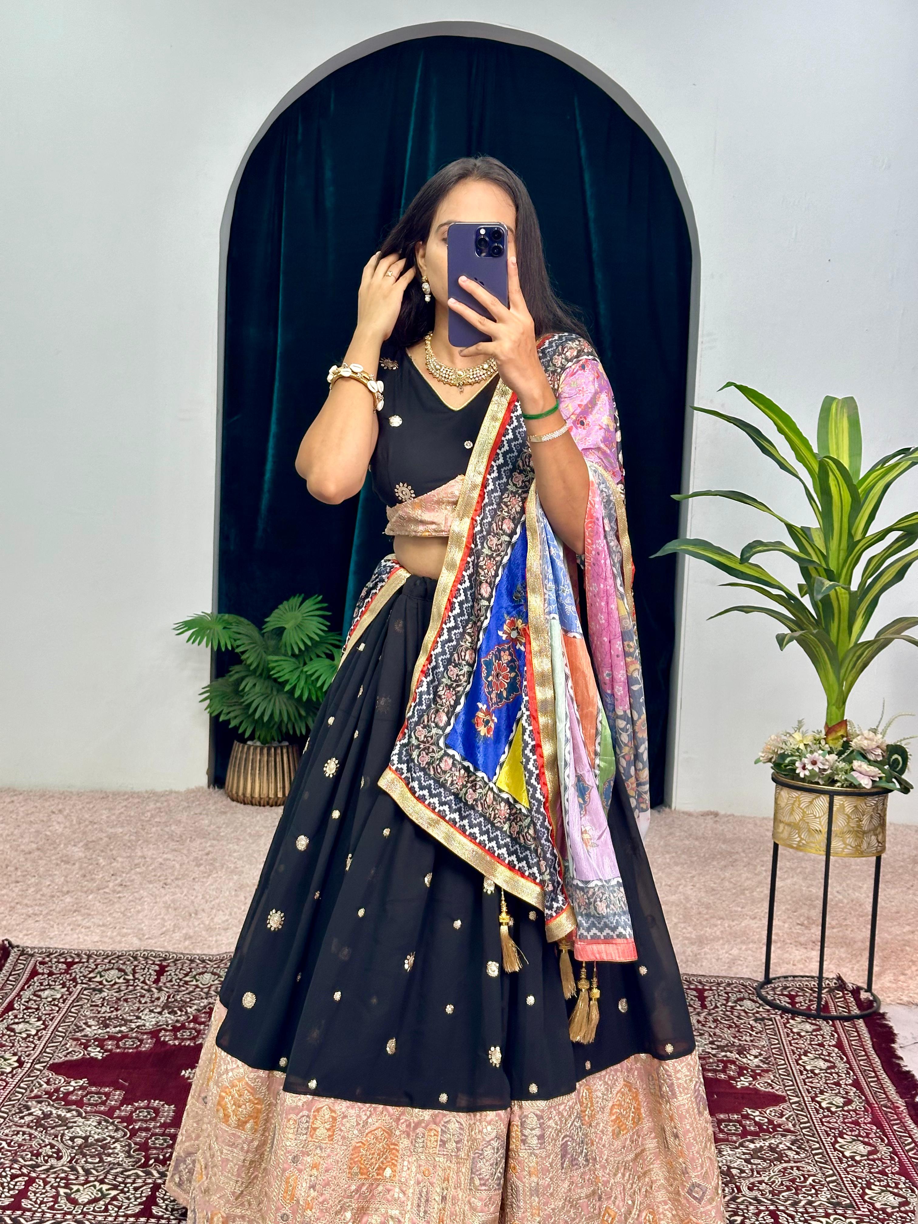 Function Wear Heavy Work Black Lehenga Choli With Multi Dupatta