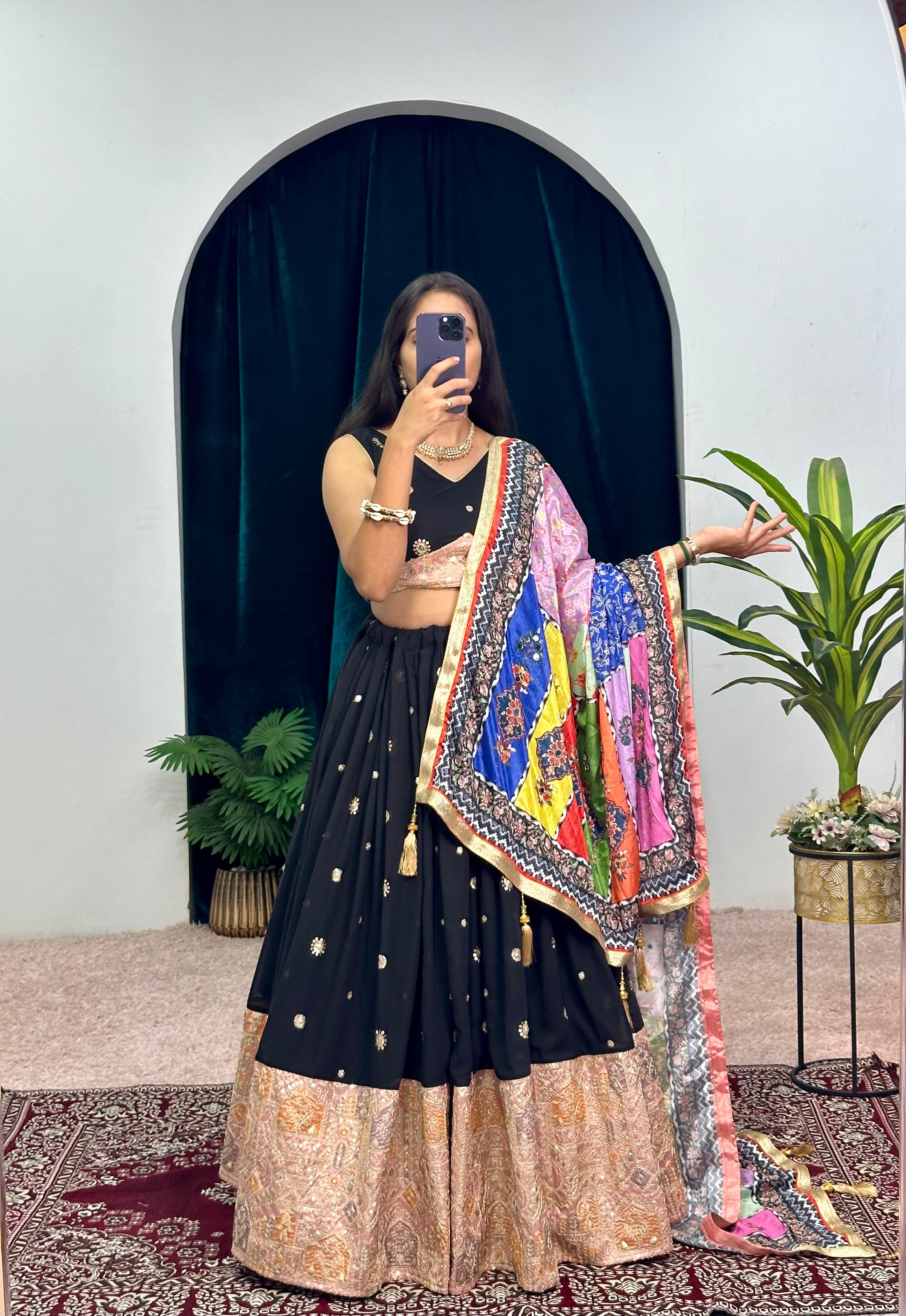 Function Wear Heavy Work Black Lehenga Choli With Multi Dupatta