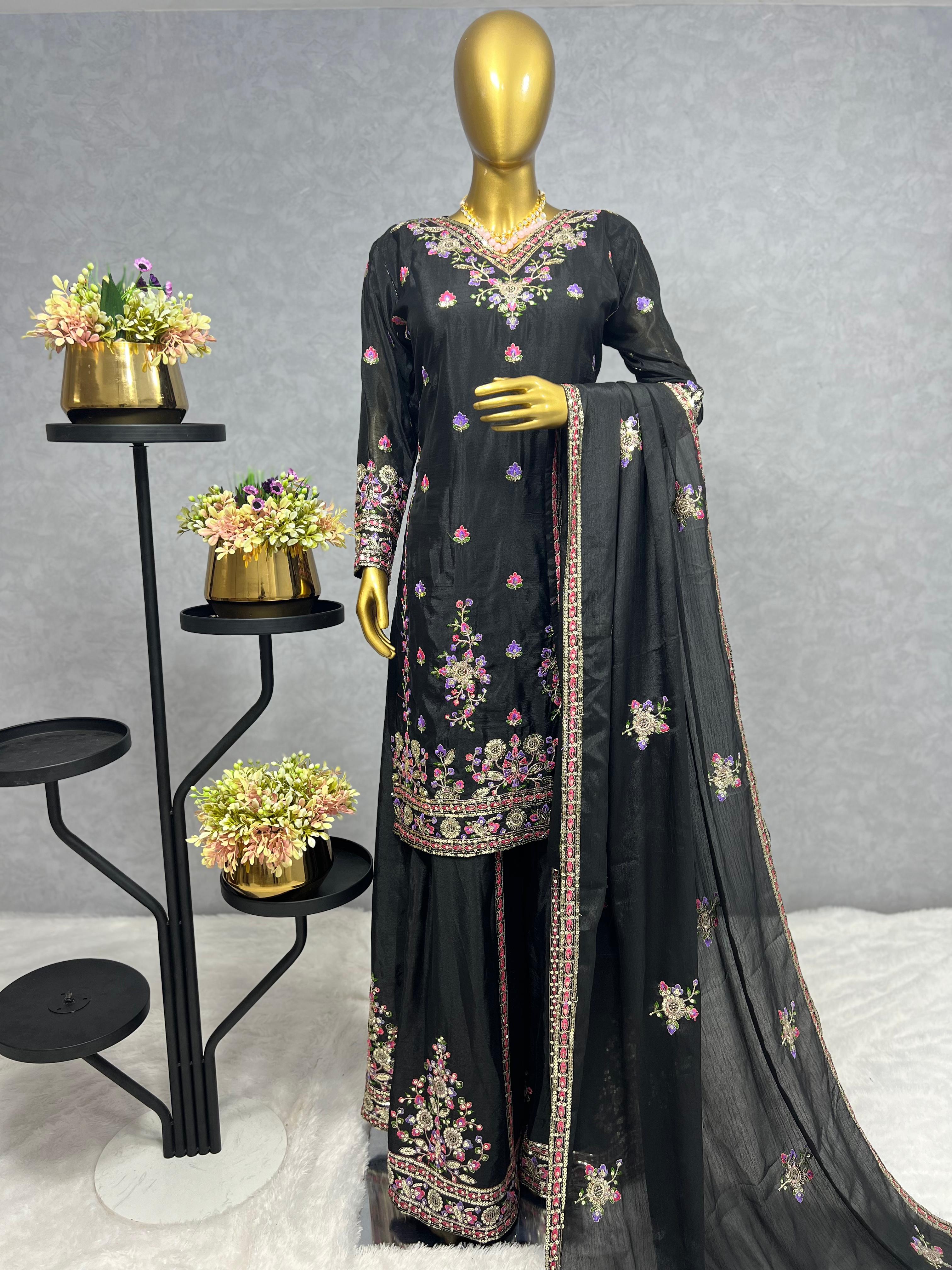 Imposing Multi Thread Work Black Color Sharara Suit