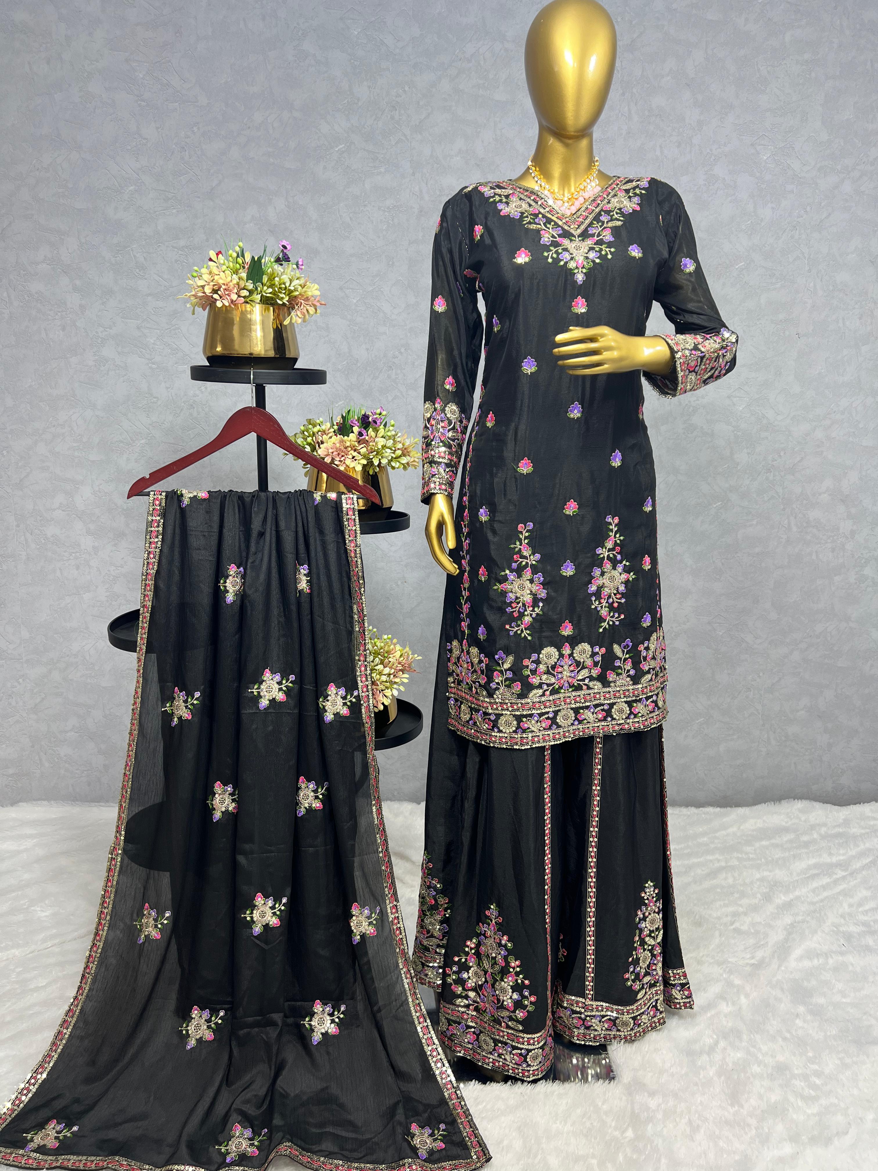 Imposing Multi Thread Work Black Color Sharara Suit