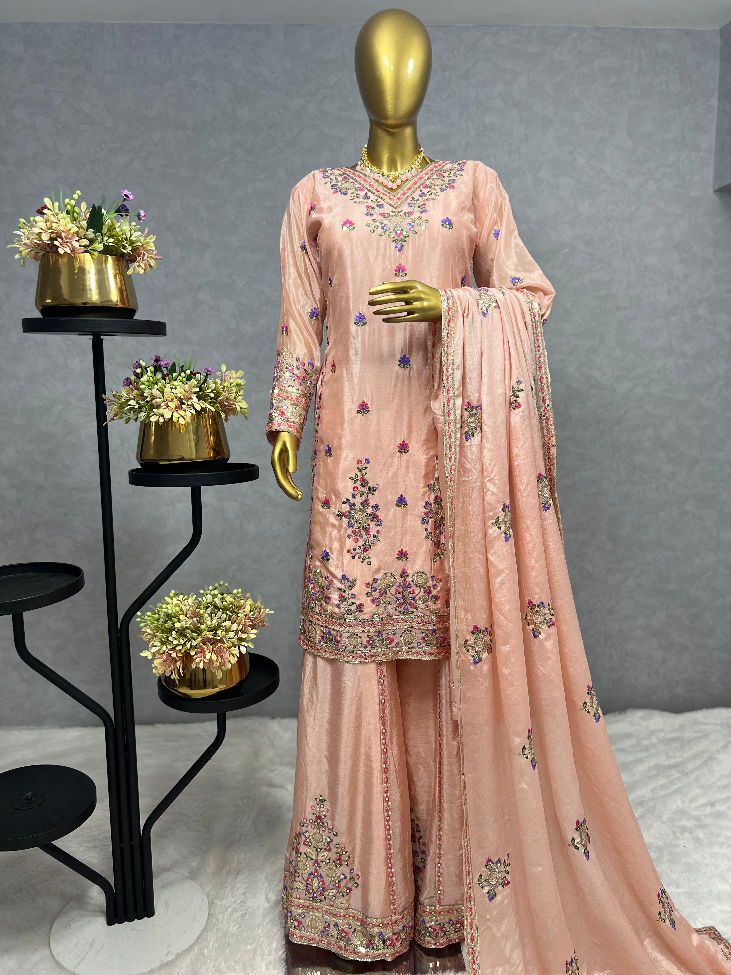 Imposing Multi Thread Work Peach Color Sharara Suit