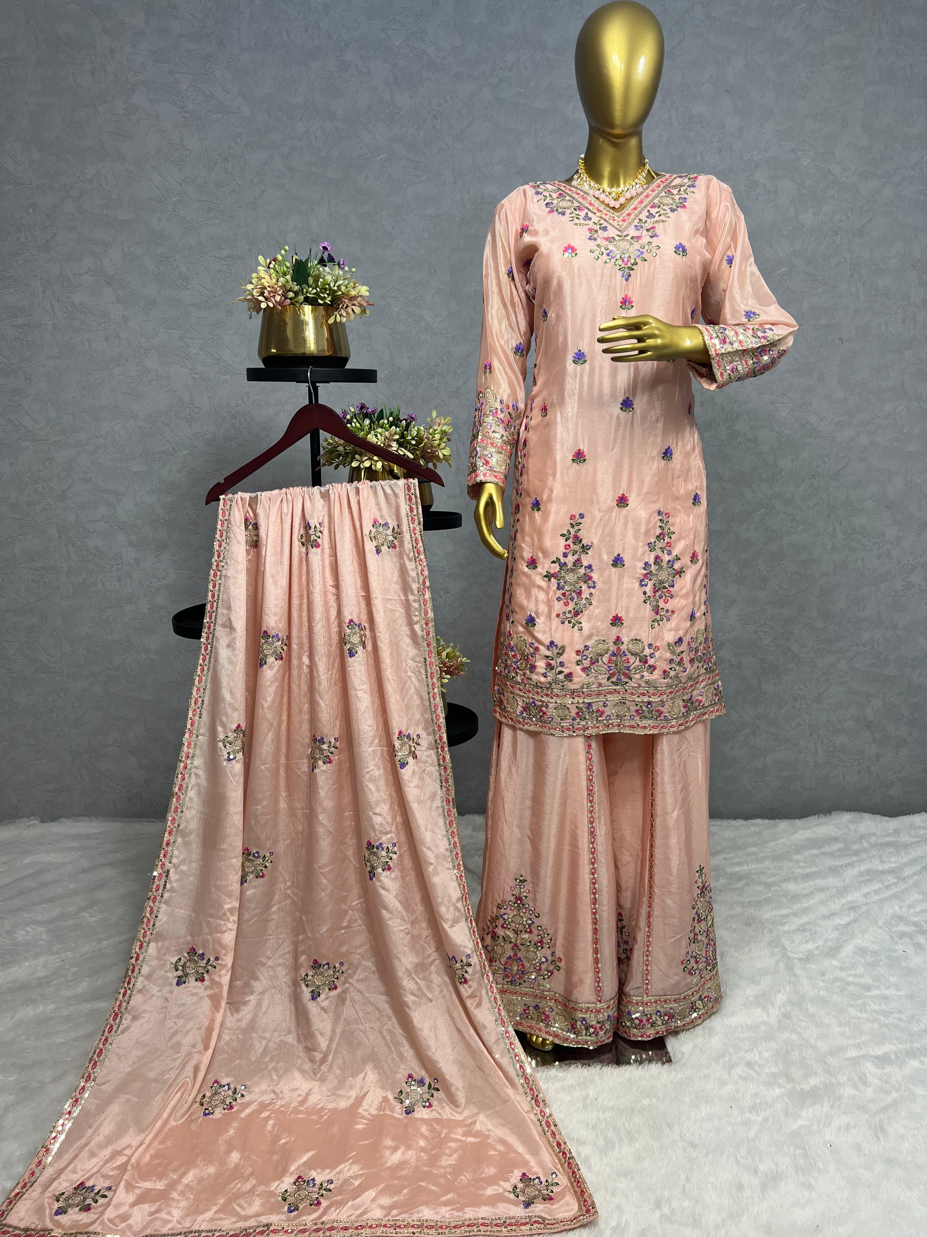 Imposing Multi Thread Work Peach Color Sharara Suit