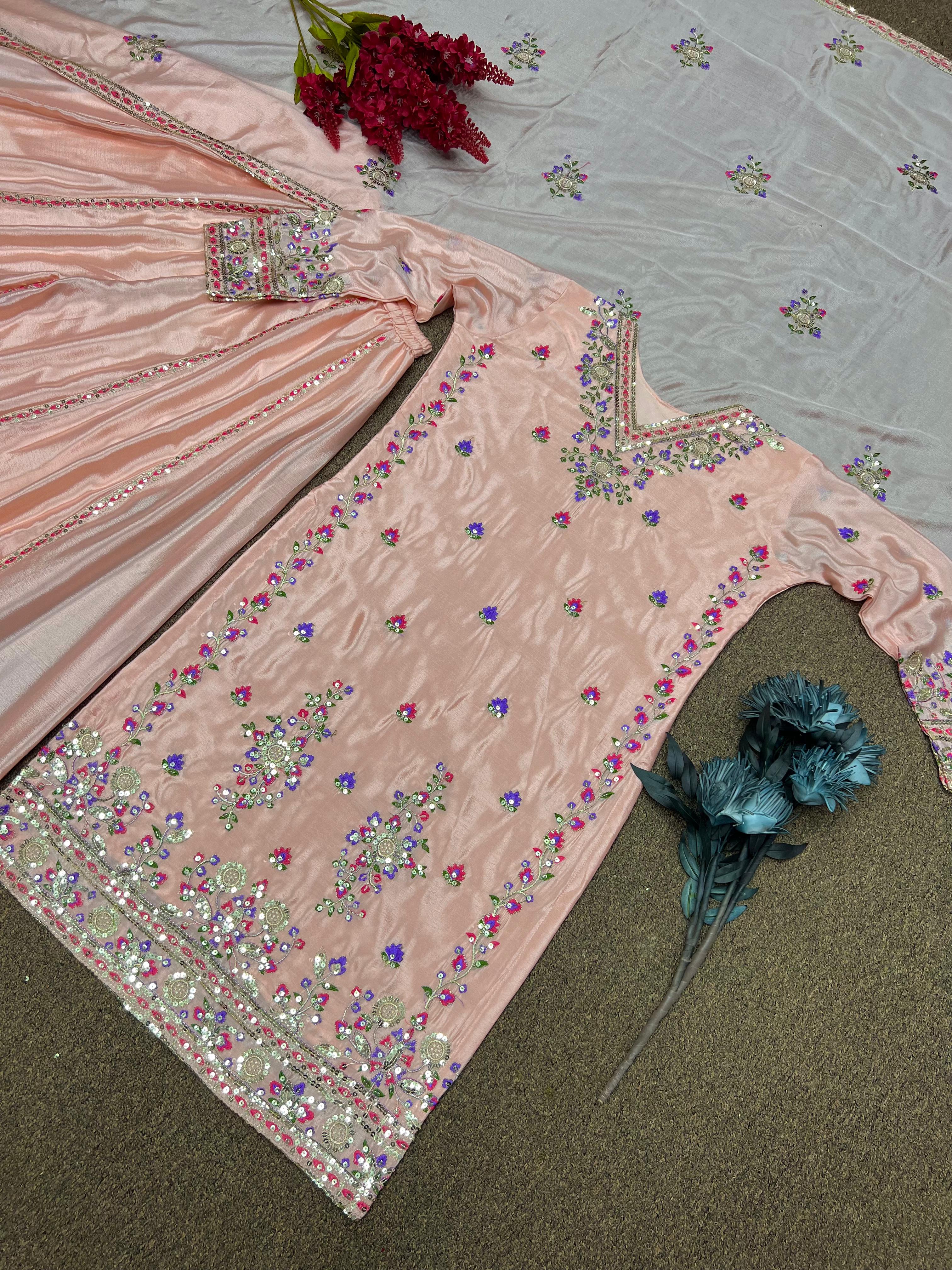 Imposing Multi Thread Work Peach Color Sharara Suit