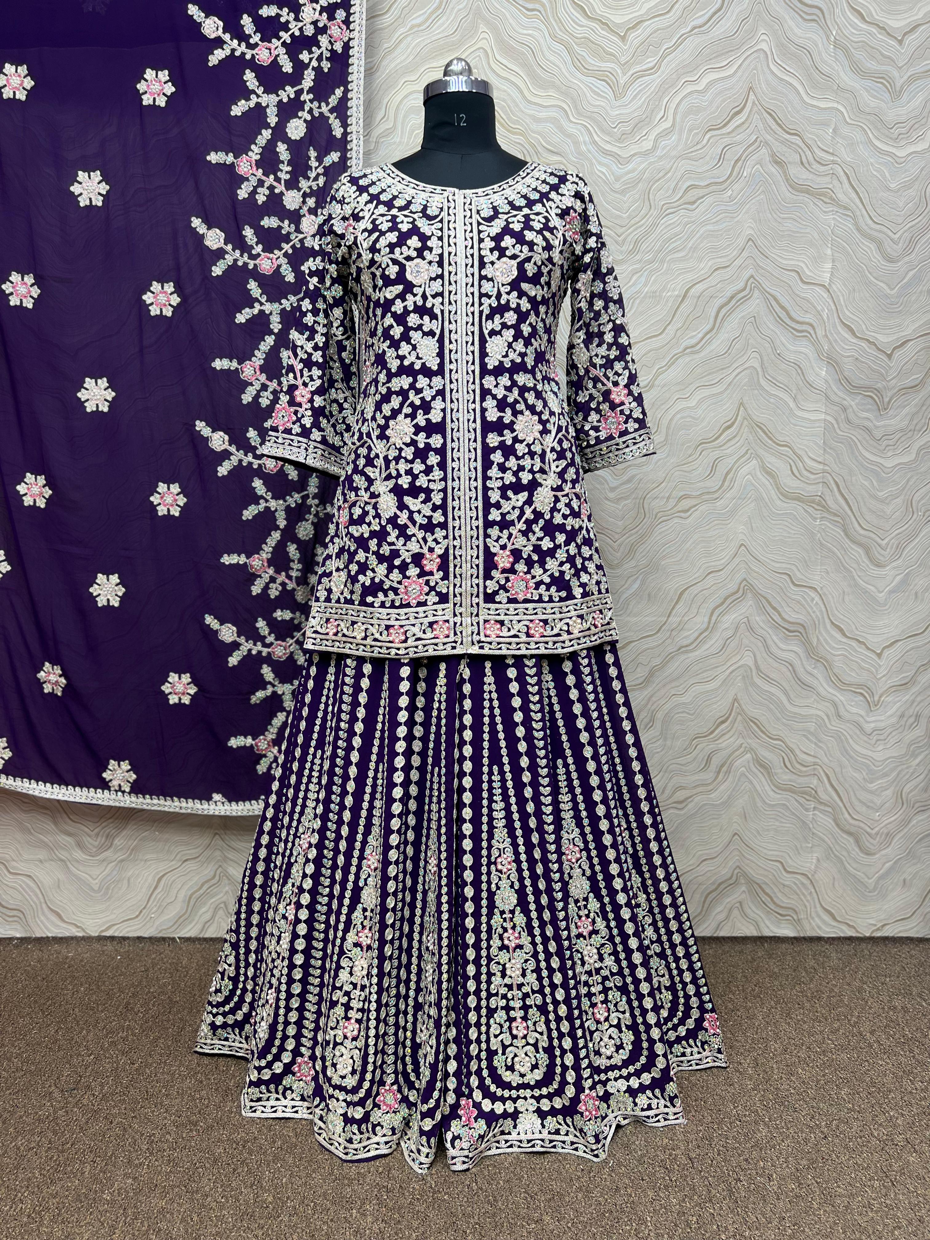 Attractive Heavy Stone Hand Work Purple Color Sharara Suit