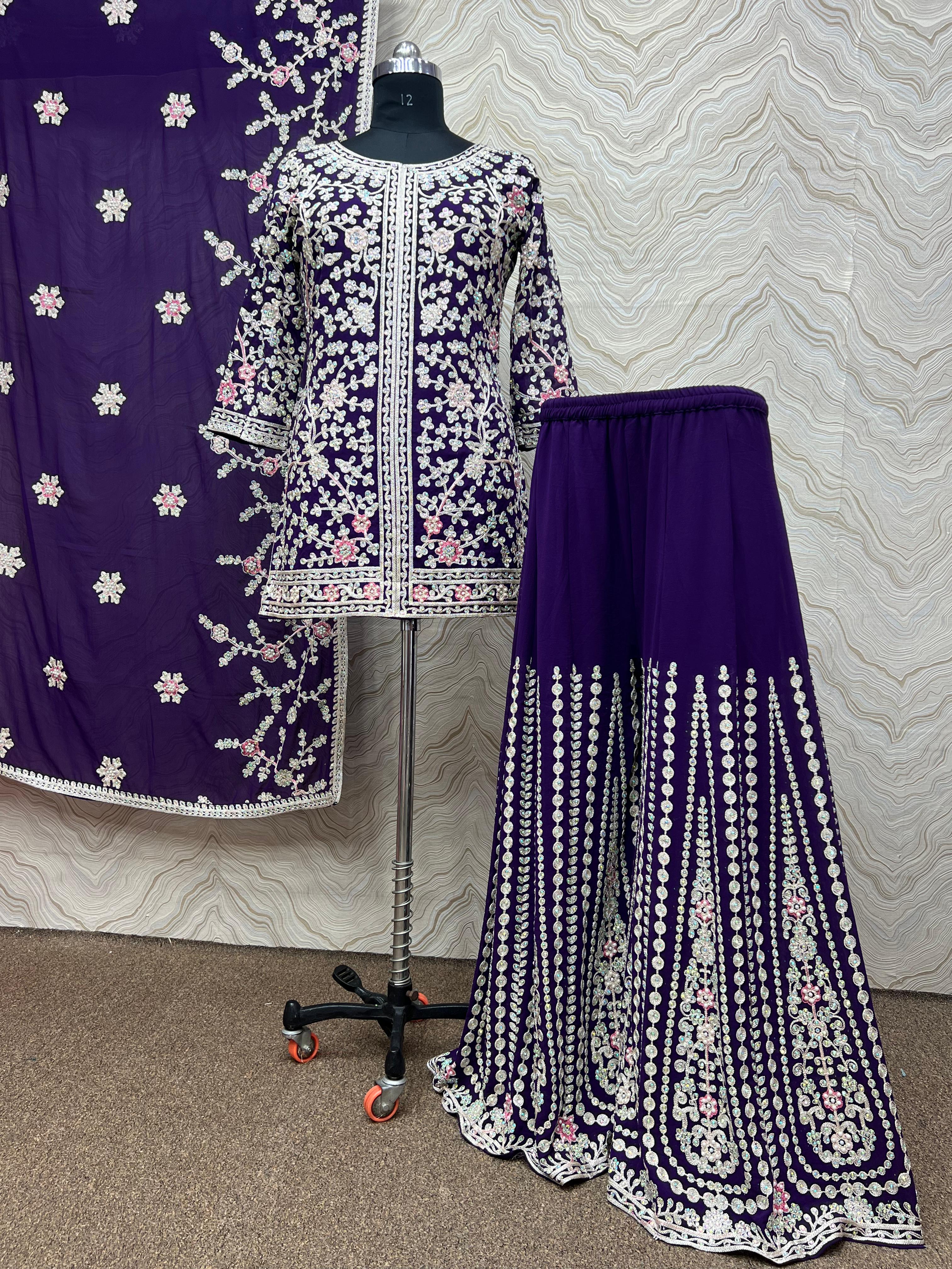 Attractive Heavy Stone Hand Work Purple Color Sharara Suit