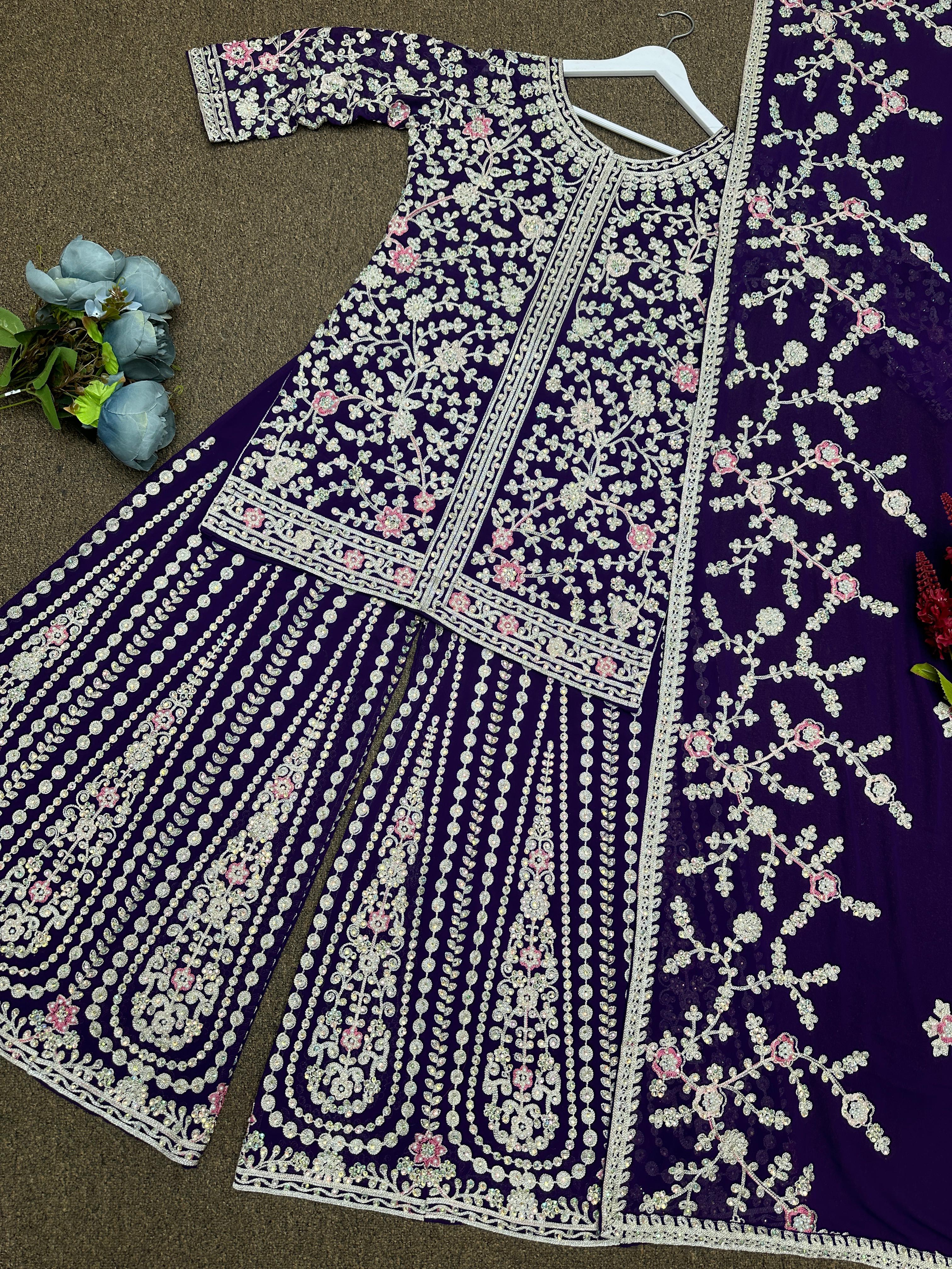 Attractive Heavy Stone Hand Work Purple Color Sharara Suit