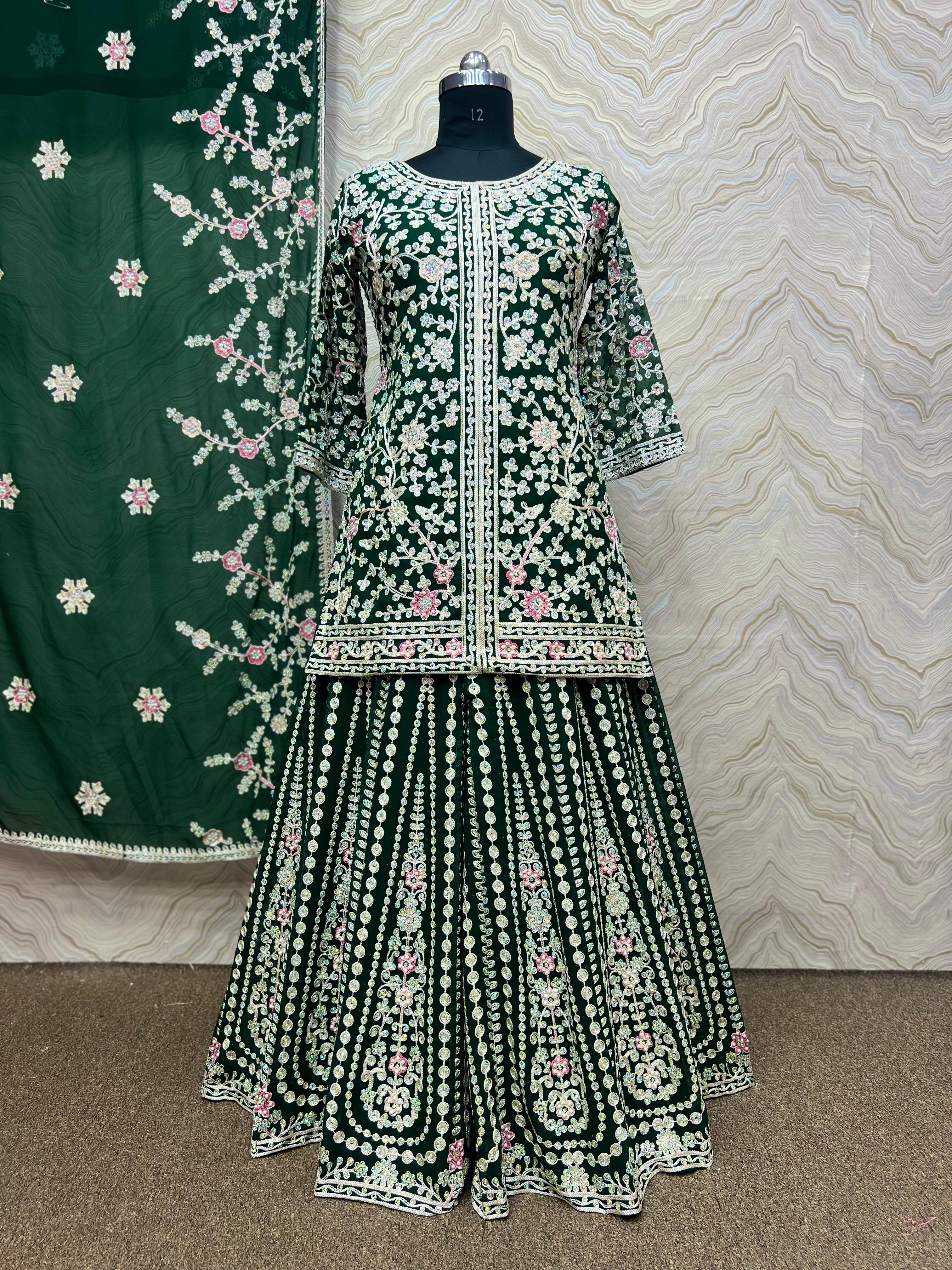 Attractive Heavy Stone Hand Work Green Color Sharara Suit