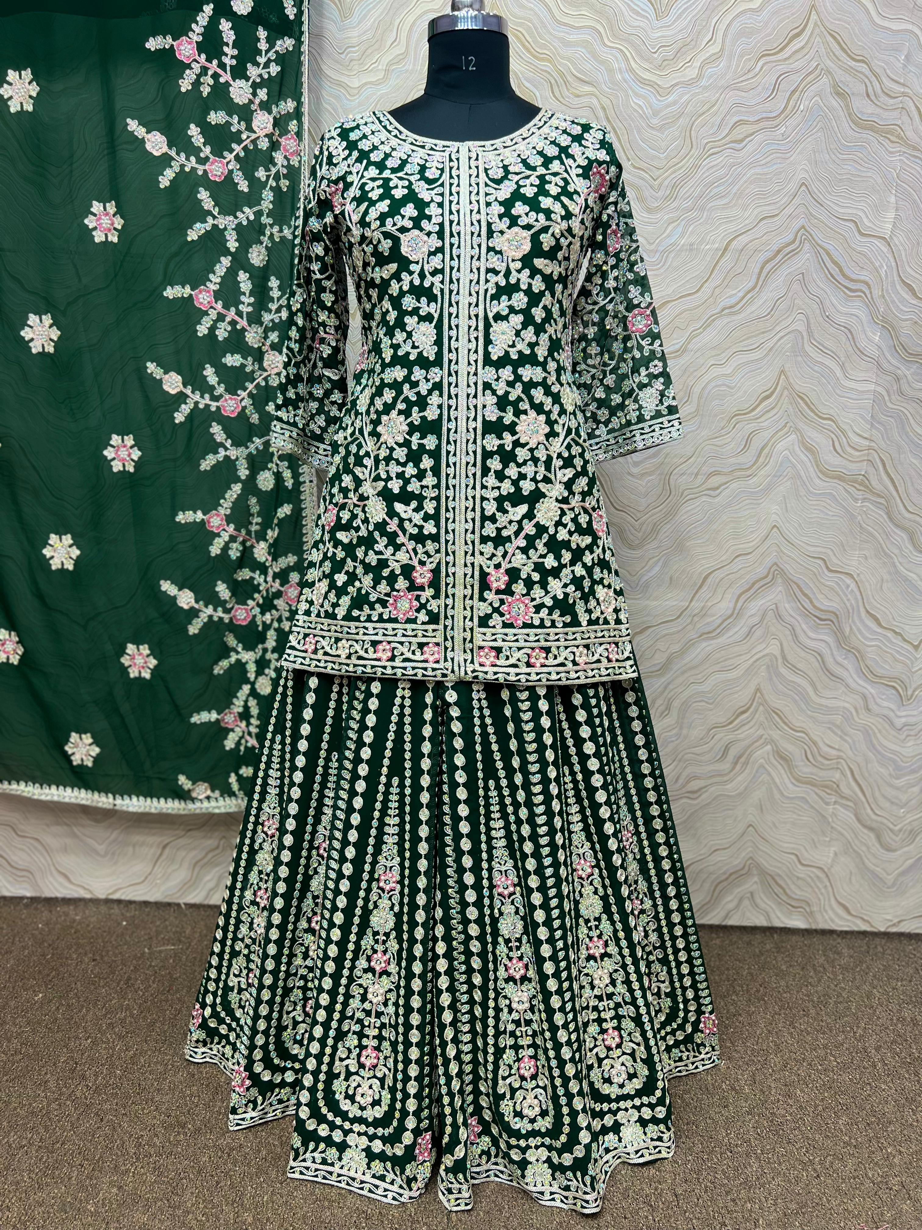 Attractive Heavy Stone Hand Work Green Color Sharara Suit