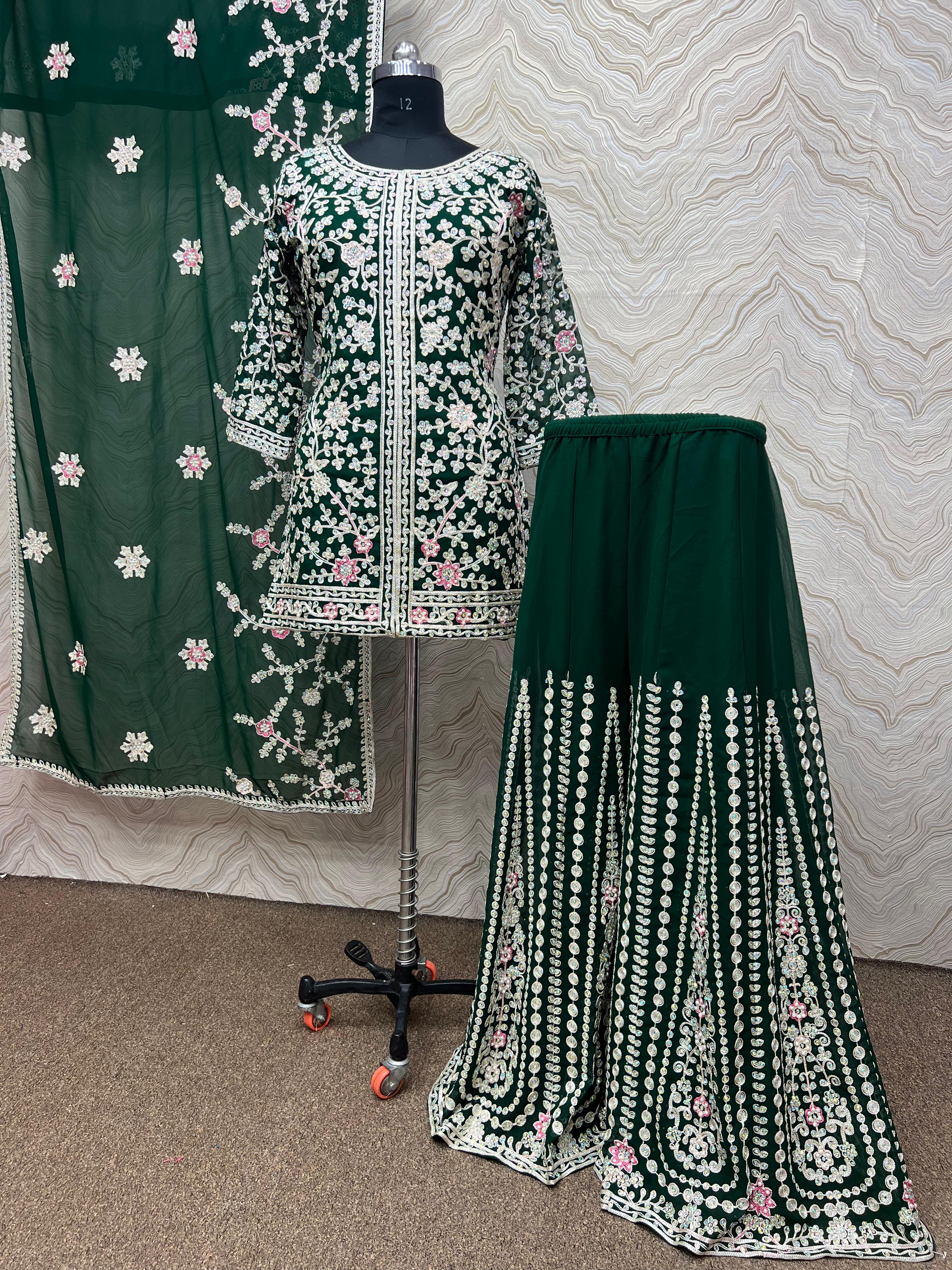 Attractive Heavy Stone Hand Work Green Color Sharara Suit