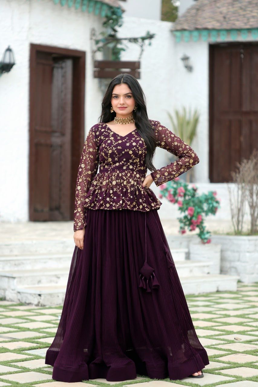 Traditional wear Embroidered  Work Wine Color Top With Lehenga