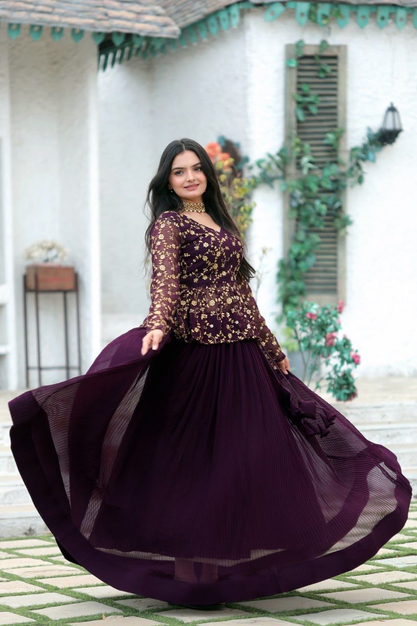 Traditional wear Embroidered  Work Wine Color Top With Lehenga