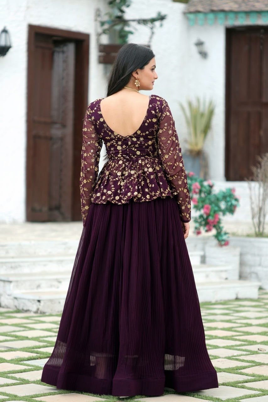 Traditional wear Embroidered  Work Wine Color Top With Lehenga