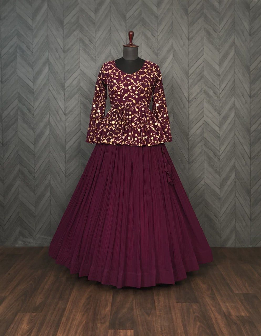 Traditional wear Embroidered  Work Wine Color Top With Lehenga