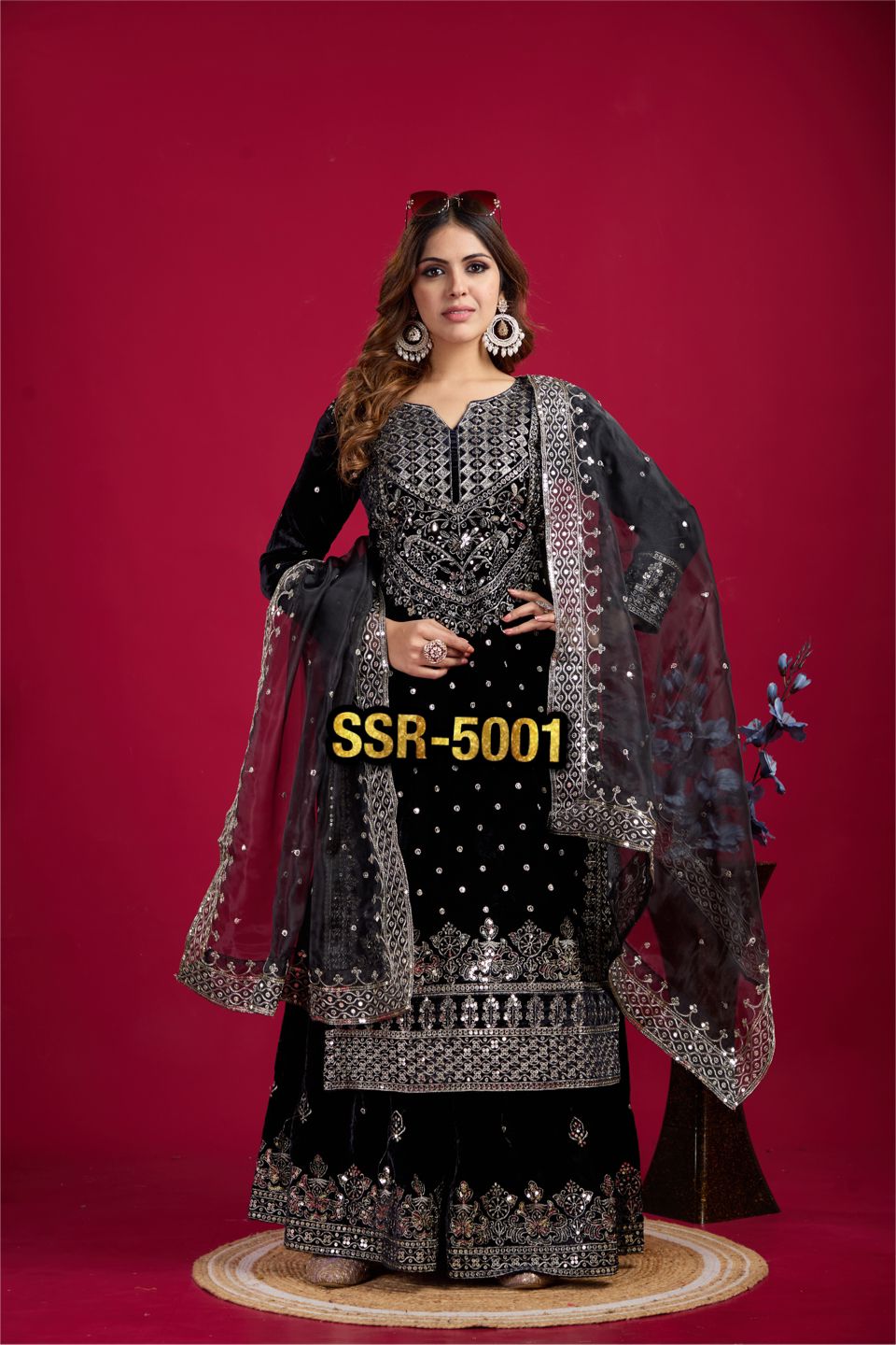 Fashionable Sequence Work Black Color Top With Plazzo Suit