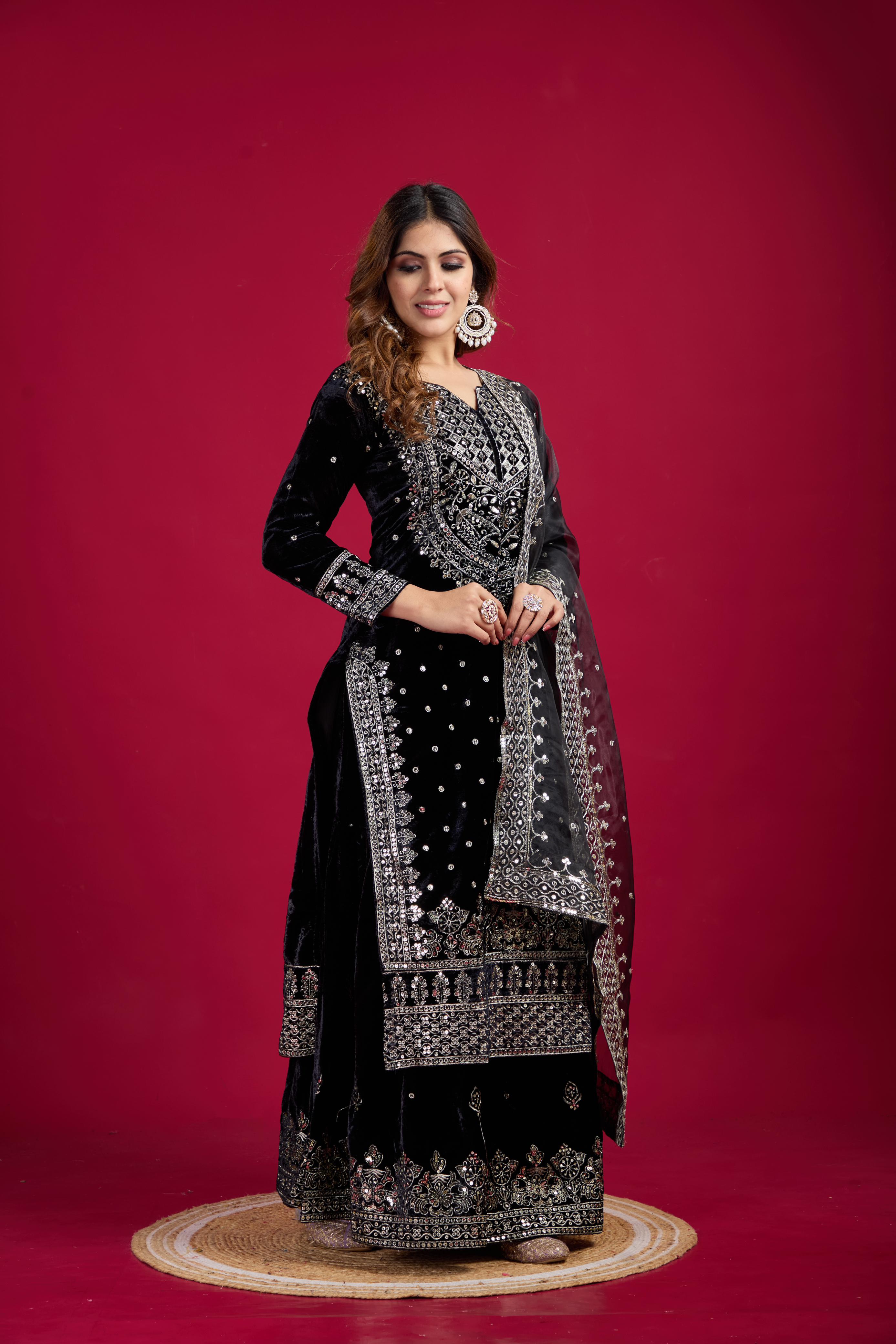 Fashionable Sequence Work Black Color Top With Plazzo Suit