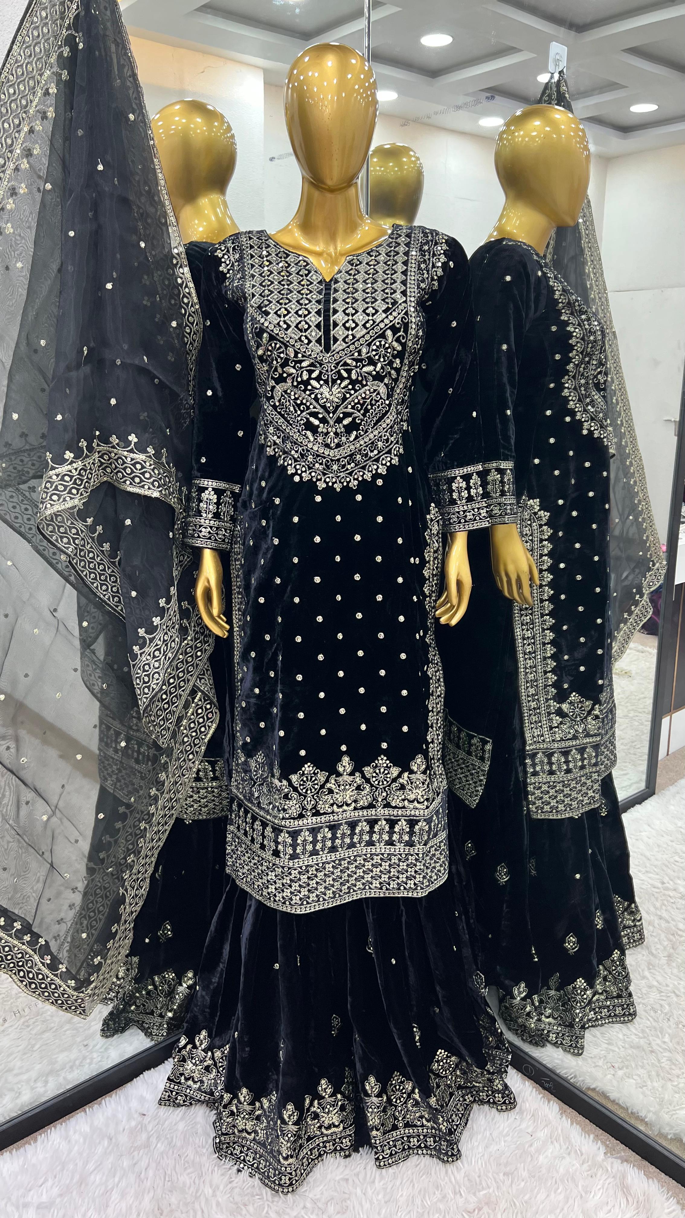 Fashionable Sequence Work Black Color Top With Plazzo Suit