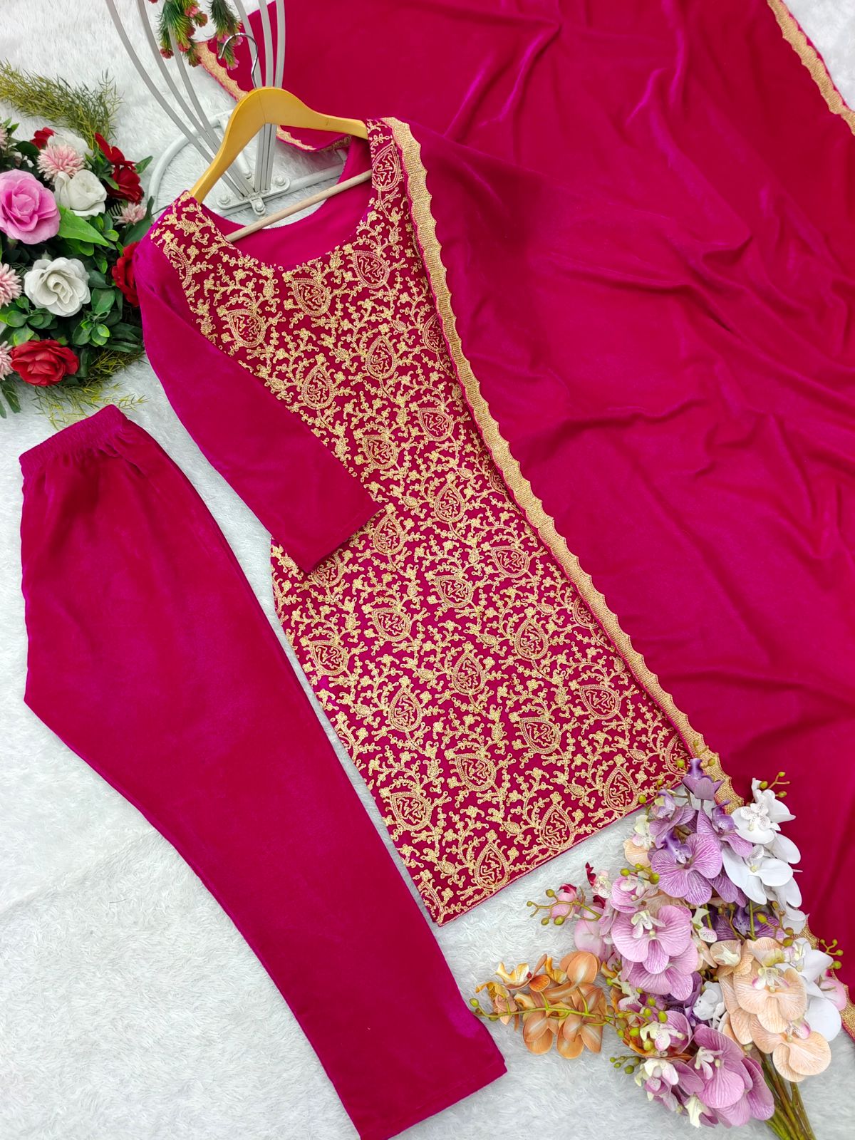 Fantastic Pink Color Velvet Sequence Work Salwar Suit