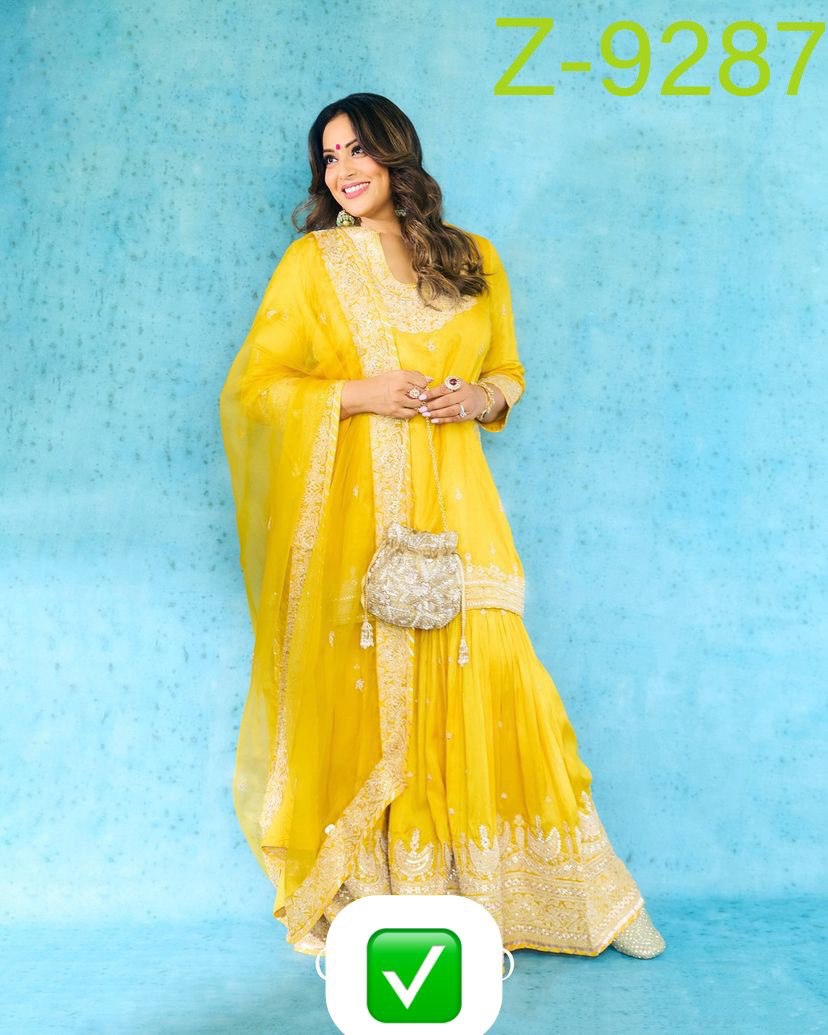 Traditional wear Work Yellow Color Sharara Suit