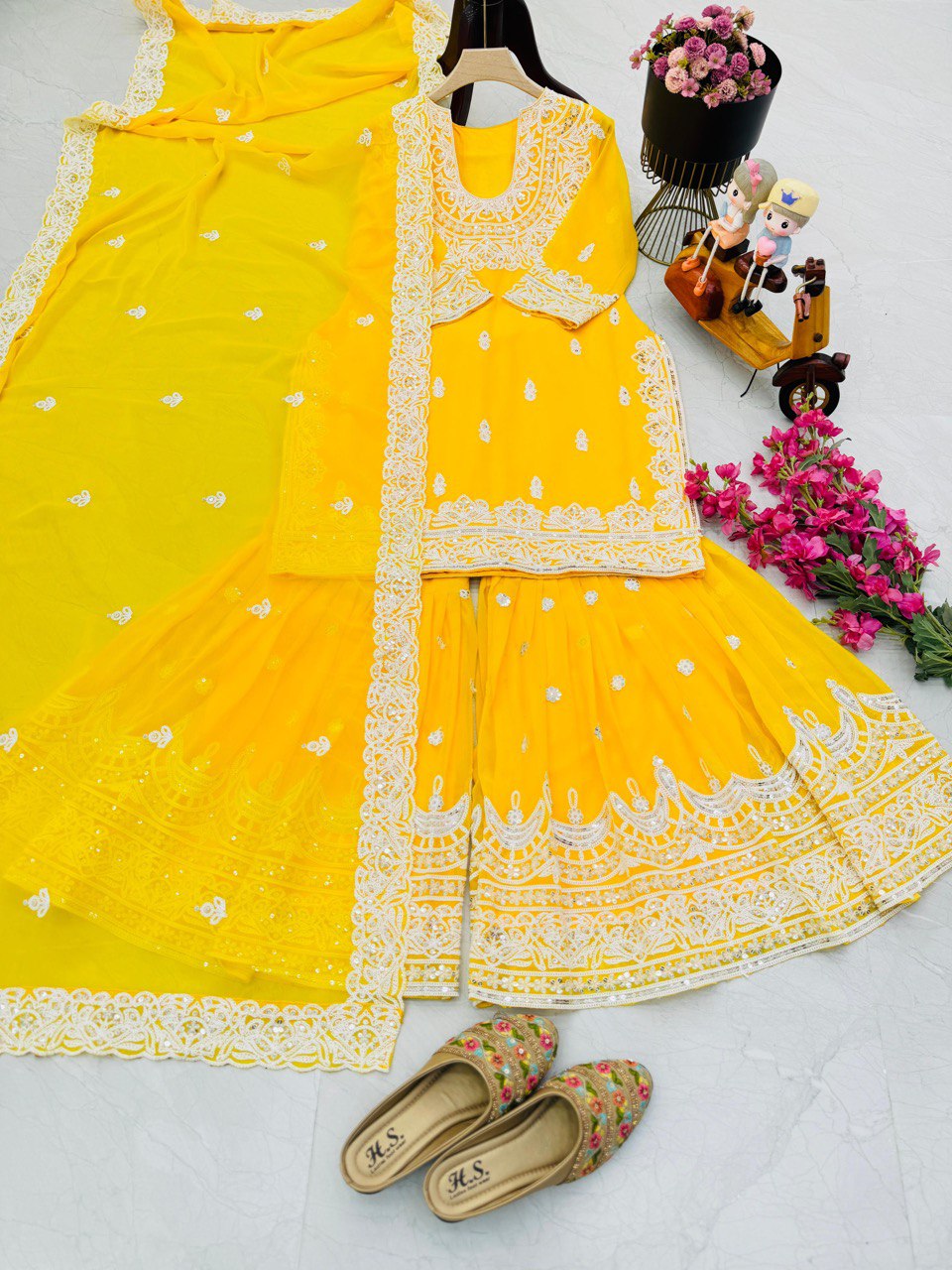 Traditional wear Work Yellow Color Sharara Suit