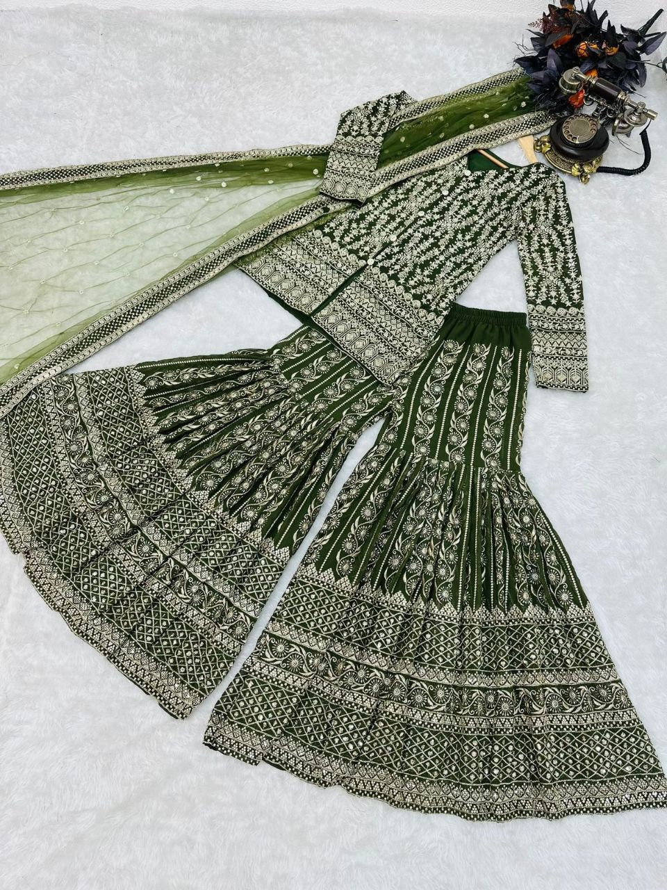 Wedding Wear Sequence Work Green Color Sharara Suit