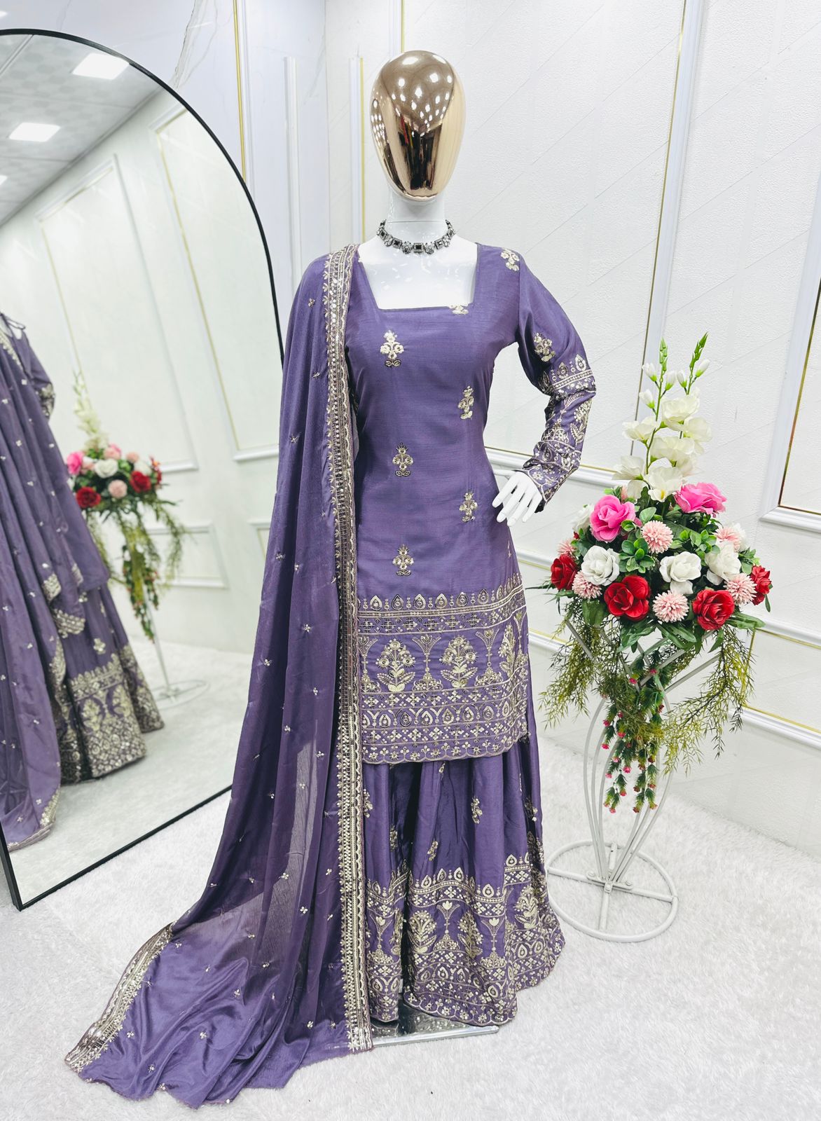 Unique Lavender Color Chinon Silk Sharara Suit