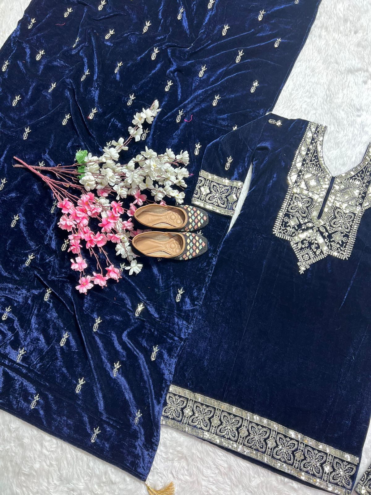 Traditional Wear Navy Blue Color Velvet Salwar Suit