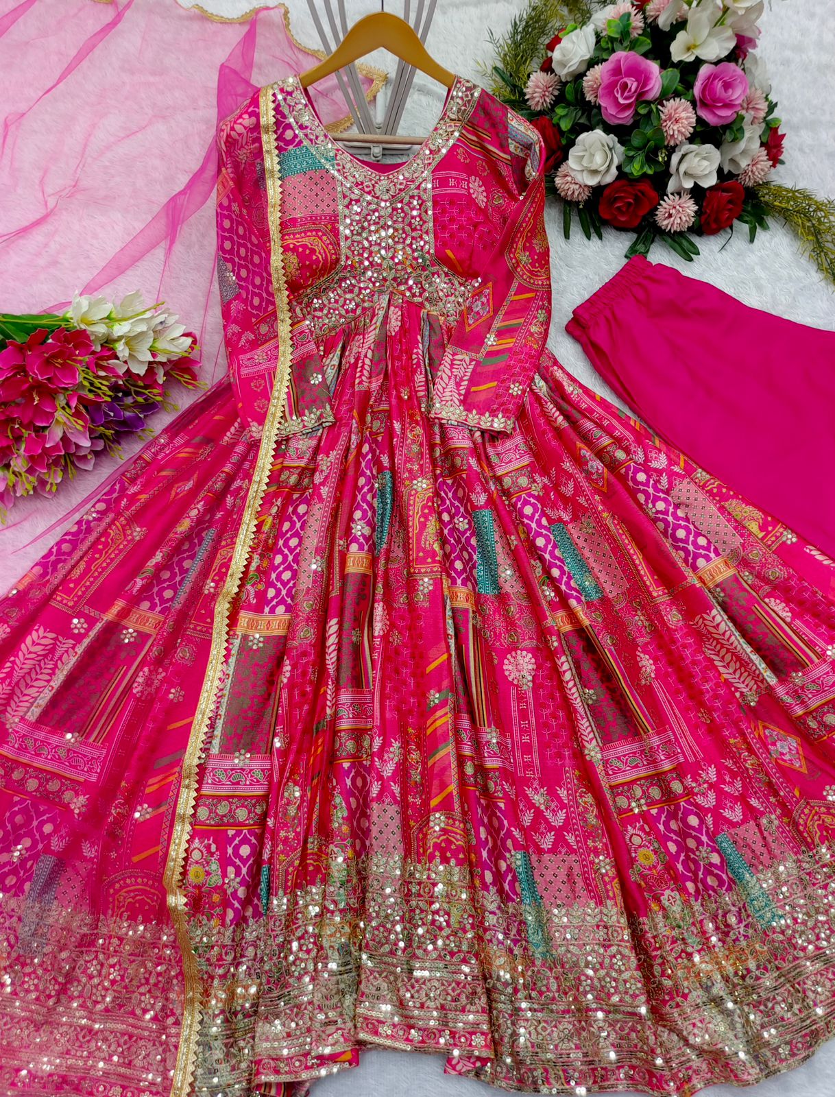 Fabulous Chinon Silk Sequence Work Pink Color Gown