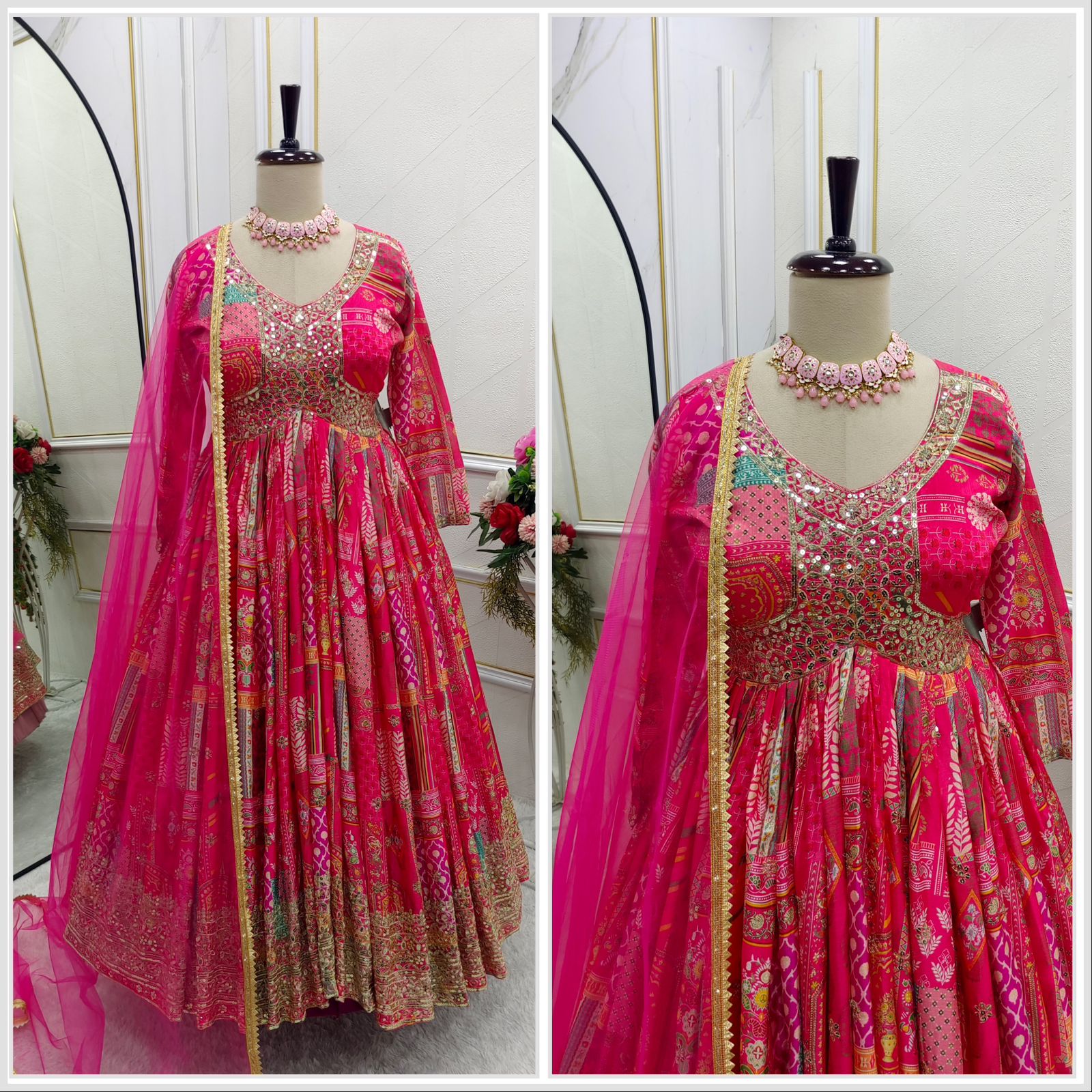 Fabulous Chinon Silk Sequence Work Pink Color Gown