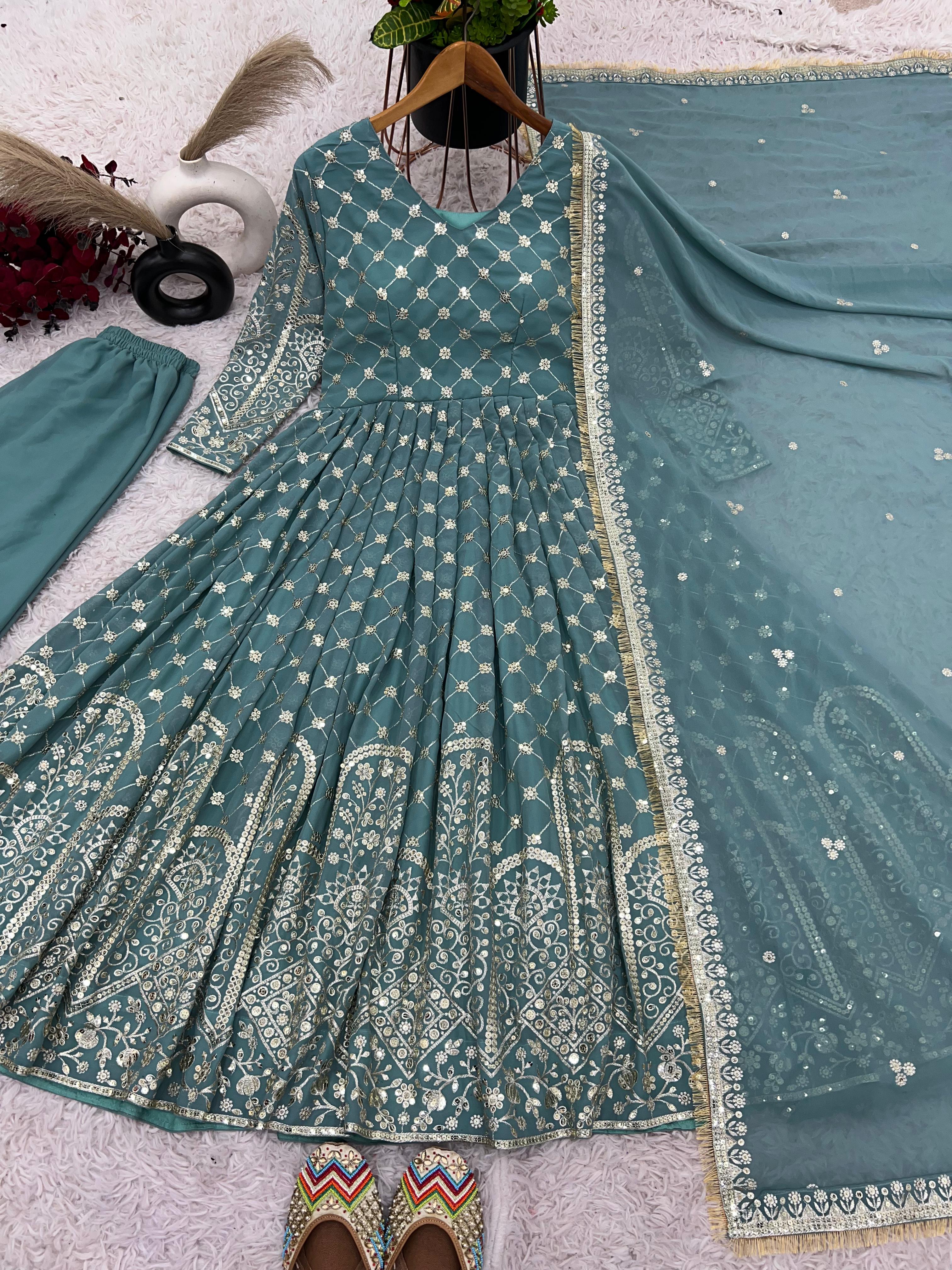 Wedding Wear Sky Blue Color Embroidery Work Salwar Suit